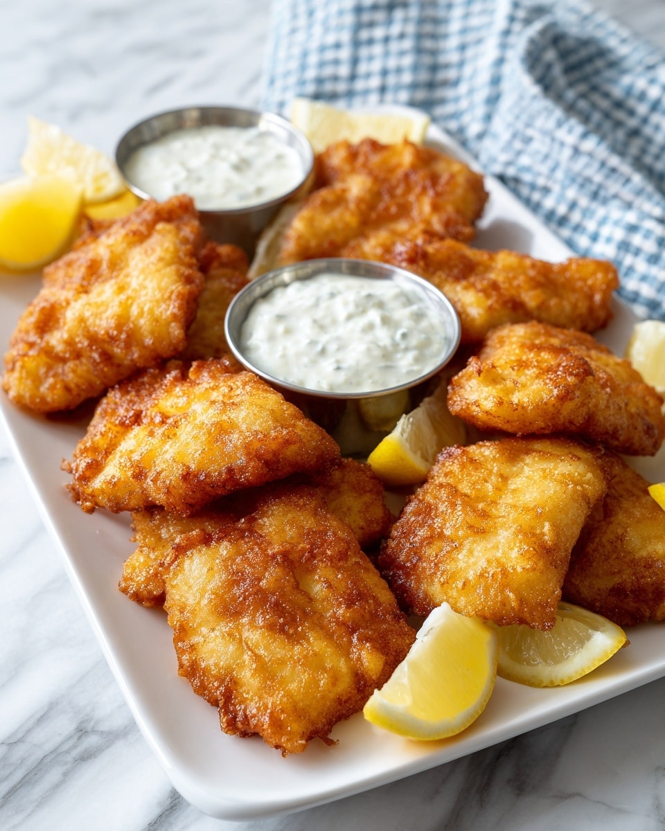 A white rectangular tray holds eight pieces of golden-brown fried fish arranged in two rows, each piece showing a crispy, textured outer layer. There are two small silver sauce cups filled with creamy white tartar sauce placed near the center, surrounded by several bright yellow lemon wedges. The tray sits on a white marbled surface with a light blue and white checkered cloth partially visible in the background. The lighting highlights the crunchy texture and warm color of the fried fish. photo taken with an iphone --ar 4:5 --v 7