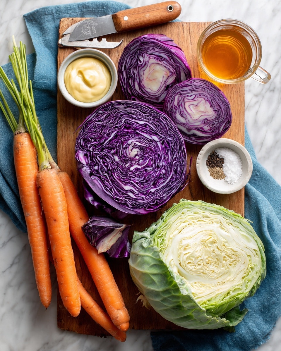 A wooden board sits on a white marbled surface holding fresh ingredients: two whole orange carrots with a metal peeler nearby, half of a purple cabbage showing its intricate white veins within deep purple layers, a large green cabbage cut in half revealing tight pale green layers, and half a red onion with purple rings. Small glass bowls contain a yellow mustard, a creamy white sauce with a wooden spoon, white salt, and dark brown seeds. A small glass cup filled with a light amber liquid is also on the board, alongside a blue cloth beneath the board. Photo taken with an iphone --ar 4:5 --v 7