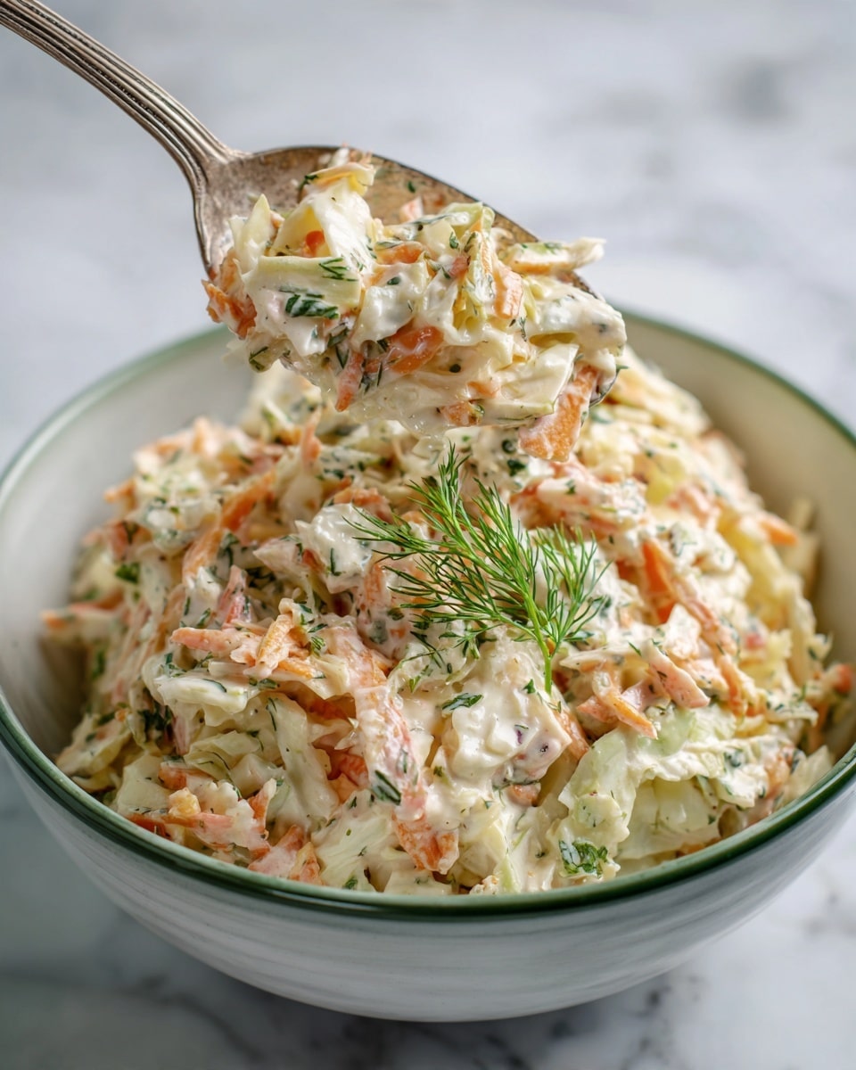 The image shows a close-up view of a creamy salad inside a white bowl with a green rim. The salad has three main layers of mixed shredded vegetables: pale white cabbage, orange carrots, and green herbs, all coated in a thick, light cream dressing. A vintage metal spoon is scooping a portion from the bowl, revealing the salad's creamy and slightly chunky texture. A small sprig of fresh dill is placed on top for garnish. The background is a white marbled surface with soft natural light enhancing the colors. photo taken with an iphone --ar 4:5 --v 7