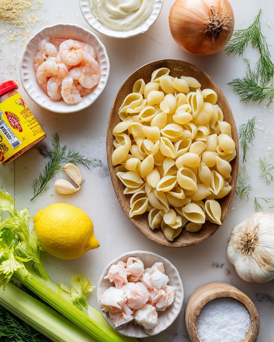 A flat lay image shows an arrangement of cooking ingredients on a white marbled surface. In the center is an oval wooden bowl filled with uncooked pasta shells that are a light yellow color with smooth texture. Above it, there are two small white bowls: one contains pink and white cooked shrimp, the other a creamy white sauce. To the right of these is a whole white onion with a brownish root end. Below the pasta bowl, there is a small white bowl holding chunks of white crab meat. To the left side of the pasta bowl is a yellow container of Old Bay seasoning with a red lid. Below it, there is a bright yellow lemon and a bunch of fresh light green celery stalks with leafy tops. Scattered around the scene are sprigs of fresh green dill, adding a touch of fine texture. A small round wooden container with a lid holds white coarse salt next to an empty white scalloped bowl. photo taken with an iphone --ar 4:5 --v 7