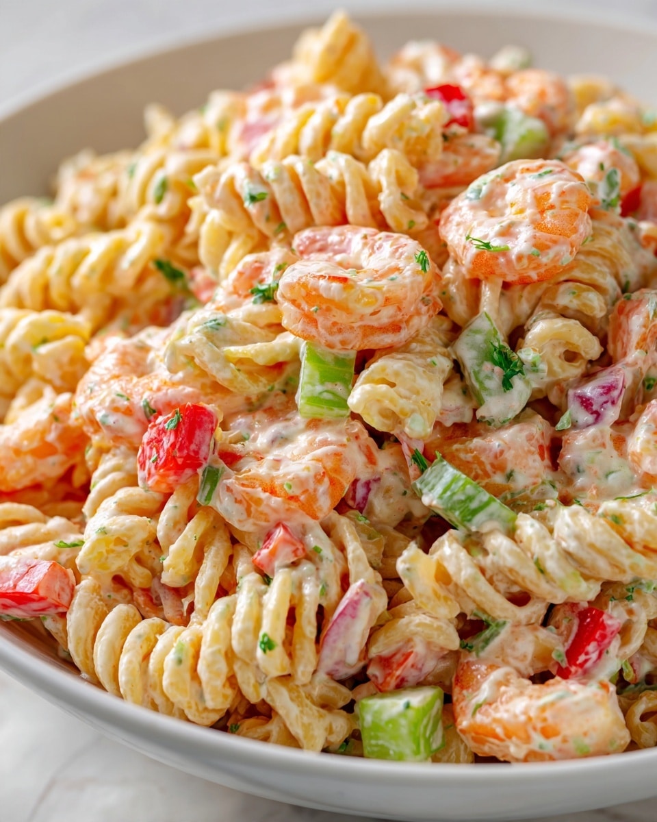 The image shows a close-up of a creamy pasta salad with three main layers visible: the first is a base of light brown spiral pasta, the second layer has small pieces of red bell pepper and green celery slices, and the third layer includes orange shrimp with white and speckled creamy dressing coating everything evenly, creating a mixed and textured visual, all placed against a white marbled background. Photo taken with an iphone --ar 4:5 --v 7