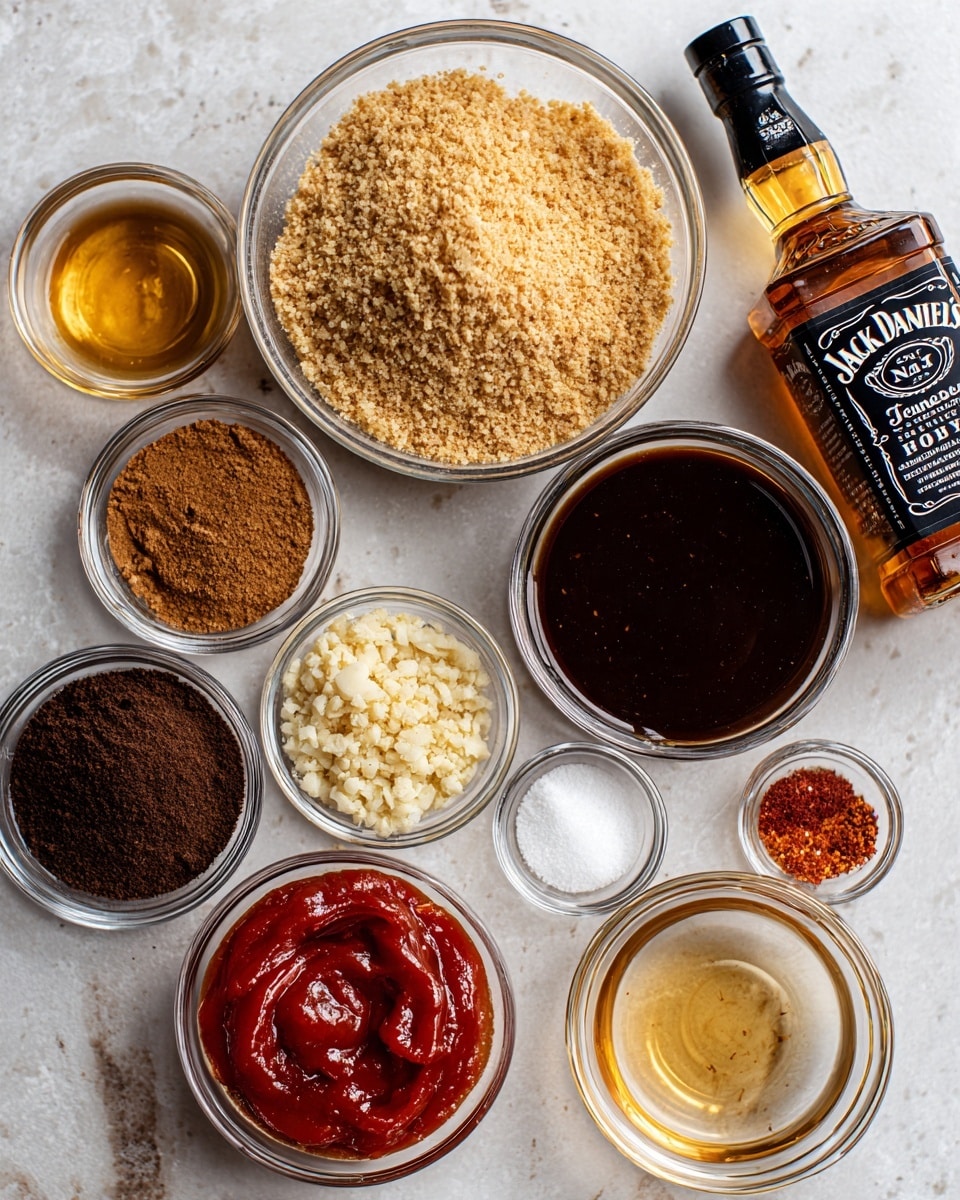A flat lay of various ingredients in clear glass bowls and a small bottle of Jack Daniel's Tennessee Honey arranged on a white marbled textured surface. The largest bowl at the top center holds light brown breadcrumbs with a coarse texture. To the right, a bowl contains a thick dark brown sauce. Below it, a bowl of bright red ketchup with a shiny, smooth texture is placed. On the left, a bowl of golden honey is next to a smaller bowl holding dark brown coffee or cocoa powder. At the bottom right, there is a transparent bowl filled with a light golden liquid. Near the center, a small bowl has minced garlic, and nearby is a small bowl with a dark brown liquid. Another small bowl shows a mix of white salt, white sugar, and red spice powder. In front, there is a bowl with a chunky red sauce and all items are set against a white marbled texture surface. Photo taken with an iphone --ar 4:5 --v 7
