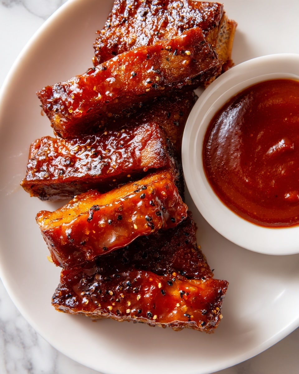 The image shows several pieces of orange-glazed meat arranged close together on the left side of a white plate. The meat is covered in a shiny, thick sauce with a reddish-brown color and black pepper specks. On the right side of the plate, there is a small white bowl filled with a thick, smooth red sauce with a glossy surface. The plate sits on a white marbled surface, with no other objects visible. photo taken with an iphone --ar 4:5 --v 7