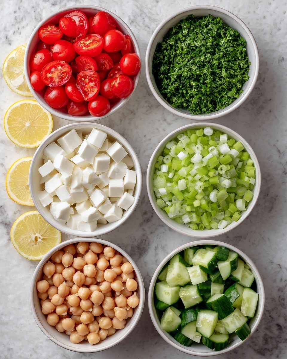 A top view of six white bowls arranged on a white marble surface with a textured pattern. The top left bowl contains bright red, halved cherry tomatoes with a glossy texture. To its right is a bowl filled with finely chopped green parsley. Below the tomatoes is another bowl with light green sliced spring onions. At the center right, there is a bowl full of small white cubes of cheese. The bottom left bowl is filled with round, light beige chickpeas with a few scattered on the marble surface. The bottom right bowl holds chopped cucumber pieces with dark green skin and juicy light green flesh. Two thin lemon slices rest on the top left of the image. photo taken with an iphone --ar 4:5 --v 7
