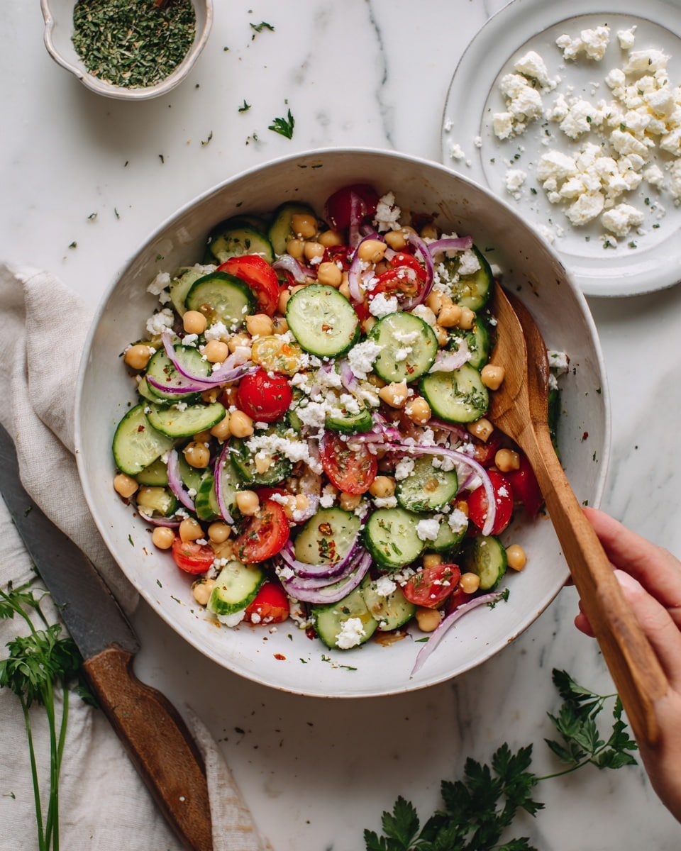 The image shows a large white bowl filled with a colorful salad made of sliced cucumber, chickpeas, halved cherry tomatoes, thin slices of red bell pepper, and red onion strips, all sprinkled with white crumbled cheese and small green herb flakes. A wooden spoon and fork sit inside the bowl, mixing the salad. Next to the bowl is a white plate holding crumbled white cheese with a knife on it. The whole scene is set on a white marbled surface with a small white bowl of dried herbs in the top left and some fresh green parsley scattered around. A woman's hand is gently holding the bowl. Photo taken with an iphone --ar 4:5 --v 7