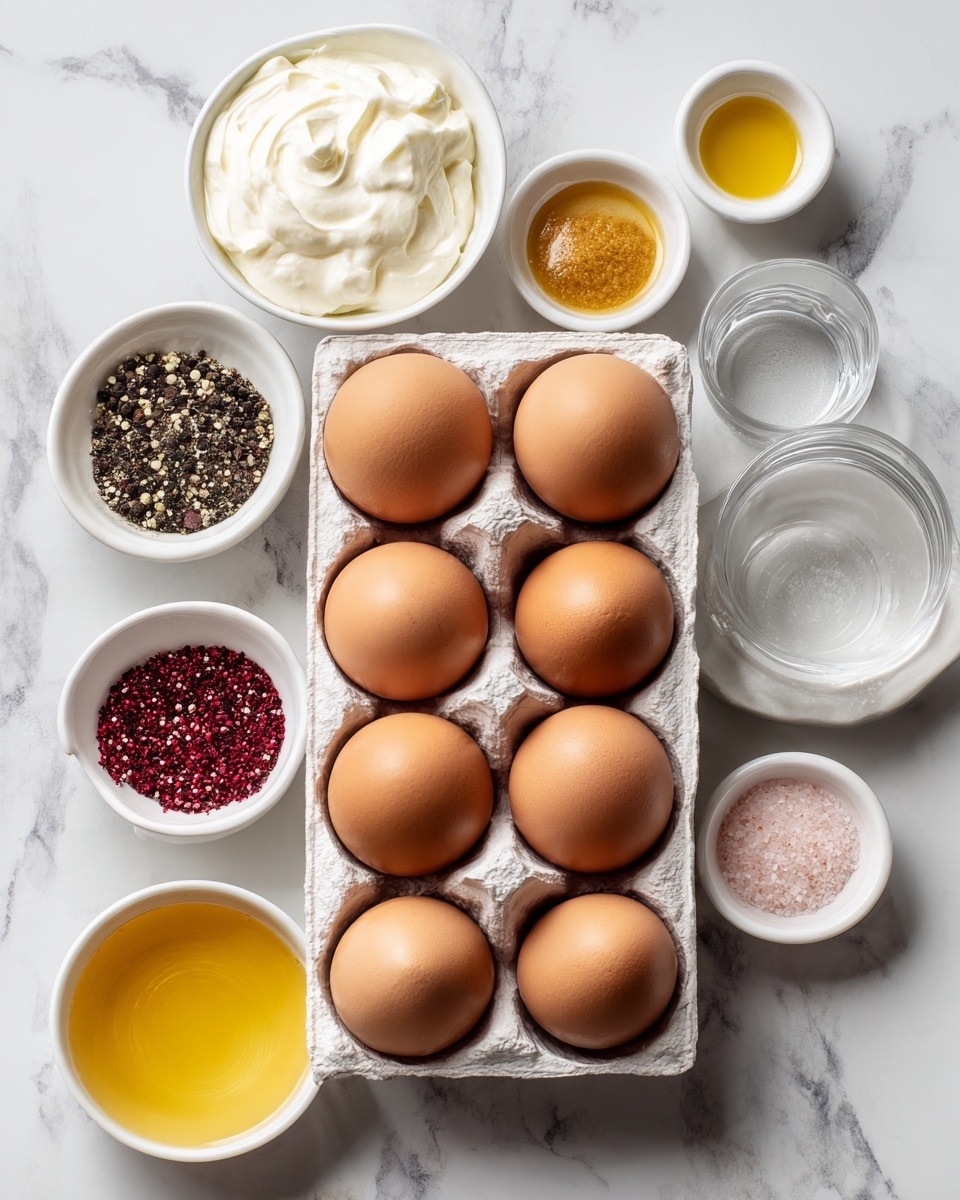 A white egg carton holds nine brown eggs arranged in three rows of three, placed on a white marbled surface. Surrounding the carton are seven small white bowls containing different ingredients: whipped cream, black pepper, pink salt, yellow mustard, a red spice, a golden brown sauce, and clear water. The bowls and the eggs are neatly spaced, creating a clean and organized layout. photo taken with an iphone --ar 4:5 --v 7