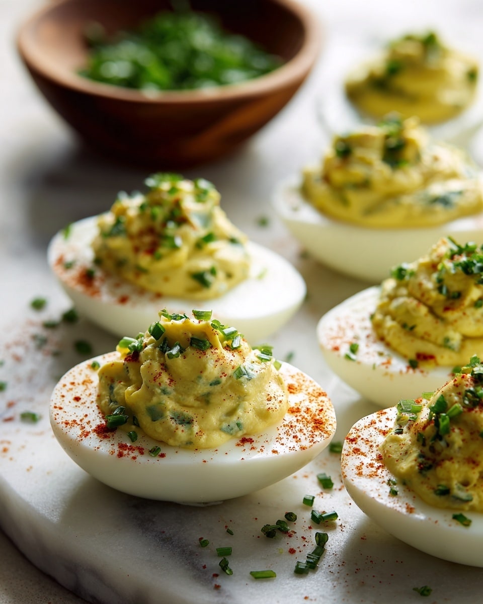 The image shows several deviled eggs arranged on a white marbled surface. Each deviled egg is cut in half, with the bottom layer being smooth, white egg whites, and the top layer a creamy, yellow filling that looks slightly fluffy with small green herb pieces mixed in. The filling is rounded and slightly mounded over the egg white base. The eggs are lightly sprinkled with red paprika and chopped green herbs for color. In the background, there is a wooden bowl with finely chopped green herbs. The lighting is soft and natural, highlighting the textures of the eggs and filling. Photo taken with an iphone --ar 4:5 --v 7
