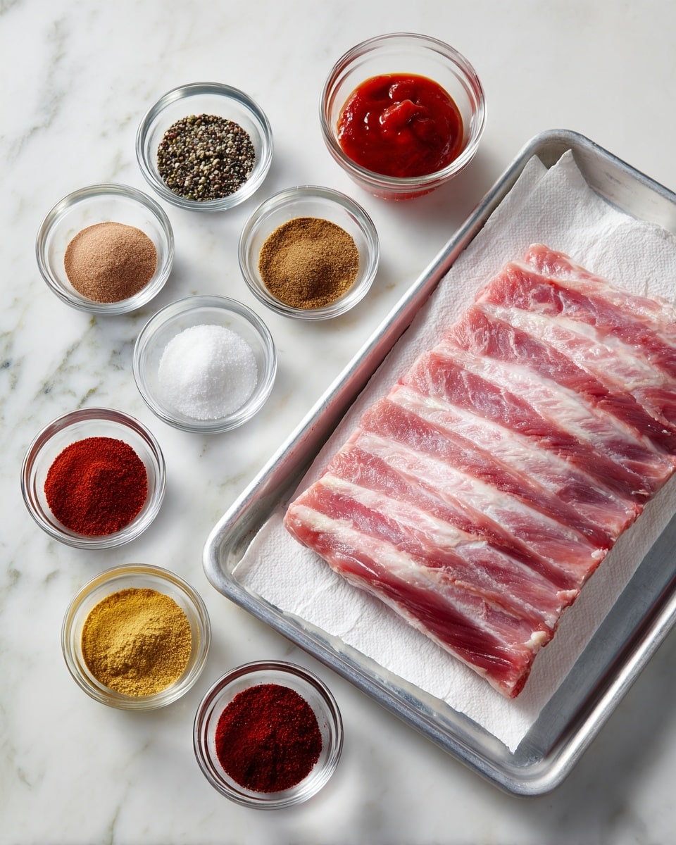 The image shows a raw rack of ribs with a pink color and white fat lines, placed on a white paper towel inside a metal tray on a white marbled surface. To the left of the tray, there are nine small glass bowls arranged in a grid, each containing different spices and seasoning: brownish powder, dark brown powder, mixed black and white pepper, bright red powder, white granules that appear to be salt, fine white powder, a bowl of red sauce, a small bowl of light brown powder, a small bowl of dark red powder, and a small bowl with yellow powder. All the bowls are clear and placed on the white marbled surface. photo taken with an iphone --ar 4:5 --v 7