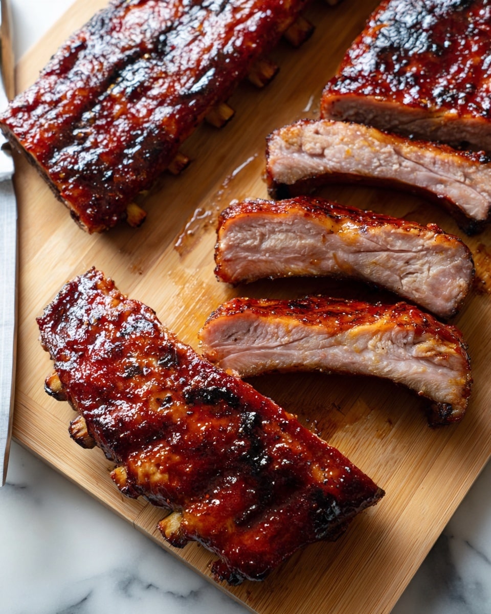 The image shows several ribs on a light brown wooden cutting board, with two ribs sliced and one rib fully intact at the bottom. The ribs have a shiny, reddish-brown glaze with some dark charred spots showing a grilled texture. The sliced ribs reveal a pinkish meat color inside with a slight crust on the edges. Part of a silver knife is visible on the left side, resting on the cutting board. The background has a white marbled texture. photo taken with an iphone --ar 4:5 --v 7