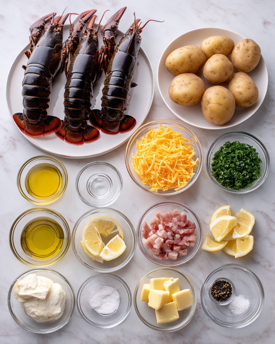 The image shows a top view of small clear glass bowls arranged neatly on a white marbled surface. There are two large dark lobster tails on a plain white plate on the upper left. To the right of the lobster tails is a white bowl with three light brown whole potatoes. Next to it is a small bowl filled with orange shredded cheese. Below these are several small bowls with different ingredients: white sour cream, green chopped herbs, small pieces of pink bacon, yellow melted butter cubes, yellow minced garlic, yellow lemon wedges, clear oil, and tiny bowls with white salt and black pepper. The bowls are arranged symmetrically in a neat grid pattern. Photo taken with an iphone --ar 4:5 --v 7