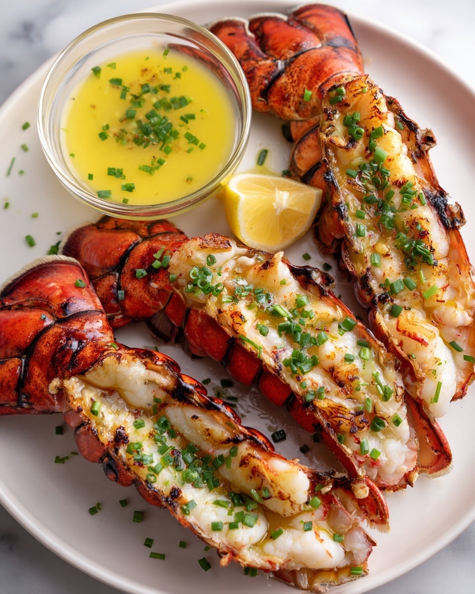 The image shows three grilled lobster tails on a white plate, each split open to reveal white lobster meat inside. The lobster shells are bright red with charred black grill marks and small green chive pieces sprinkled on top of the meat. Above the lobster tails is a small clear bowl filled with yellow melted butter topped with chopped chives. The plate sits on a white marbled surface, and a woman's hand is holding a lemon wedge near the bowl of butter. photo taken with an iphone --ar 4:5 --v 7