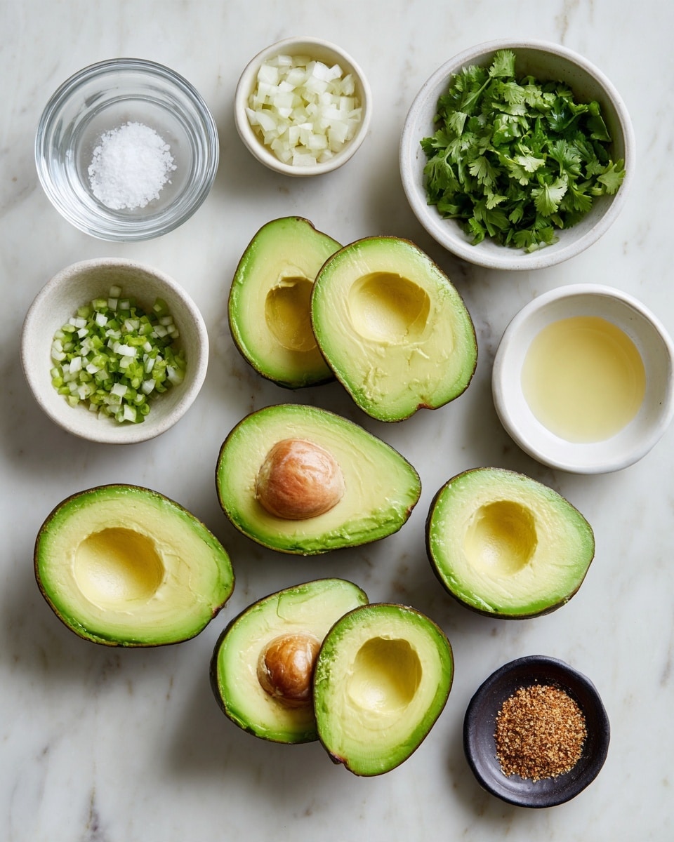 The image shows six avocado halves with bright green flesh and dark green skin, arranged neatly on a white marbled surface. Above the avocados, there are small bowls and plates holding different ingredients: a clear glass with white salt, a small white bowl with chopped green chili, a small greenish bowl with light yellow minced garlic, a white bowl with fresh green cilantro leaves, a white bowl with a pale yellow liquid, a small beige bowl with chopped white onion, and a small black plate with light brown ground spices. All items are spaced evenly, creating a clean and organized look. Photo taken with an iphone --ar 4:5 --v 7