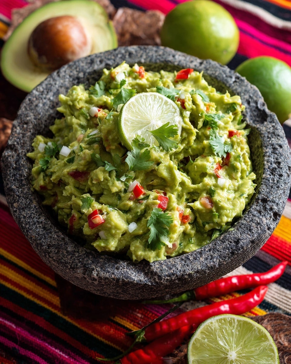 A rough dark stone bowl full of bright green guacamole with visible small chunks of avocado, finely chopped cilantro, and small red tomato pieces mixed in. On top of the guacamole, there is a thin pale yellow slice of lime placed slightly off-center. The bowl sits on a colorful striped cloth with red, yellow, orange, pink, and black lines. Nearby, on a white marbled surface, there is a cut avocado showing its light green inside and a large brown seed, red chili peppers, and lime wedges with the green peel clearly visible. photo taken with an iphone --ar 4:5 --v 7