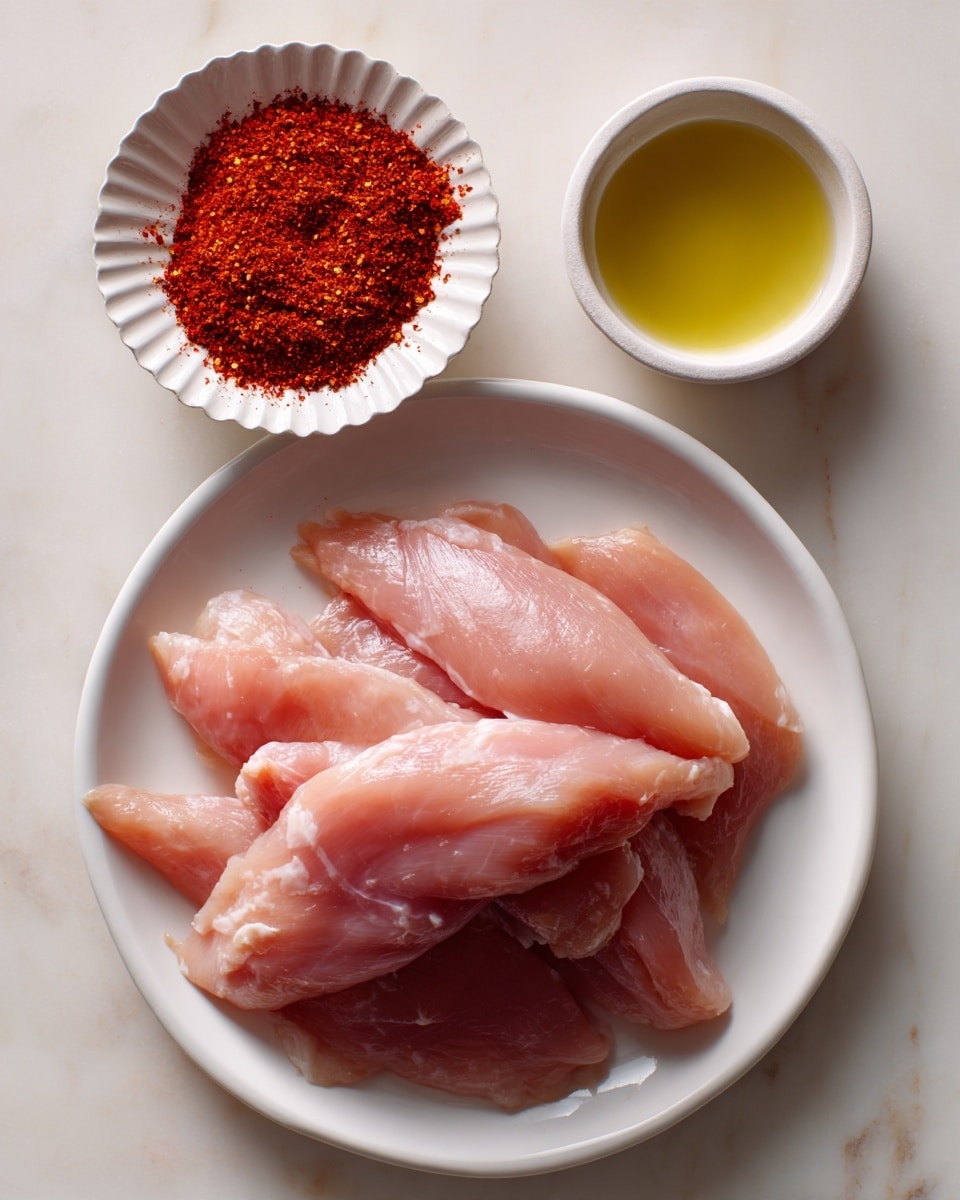 A white plate filled with several pieces of raw chicken tenders, light pink in color with a smooth and slightly shiny texture, layered loosely and overlapping each other. Above the plate, there is a small white bowl with a fluted edge containing bright red chili powder, finely ground with a slightly uneven surface. Next to it, another small white bowl holds a pale yellow liquid, smooth and clear, likely oil. All items are placed on a white marbled surface with soft light coming from above, highlighting the colors and textures. photo taken with an iphone --ar 4:5 --v 7