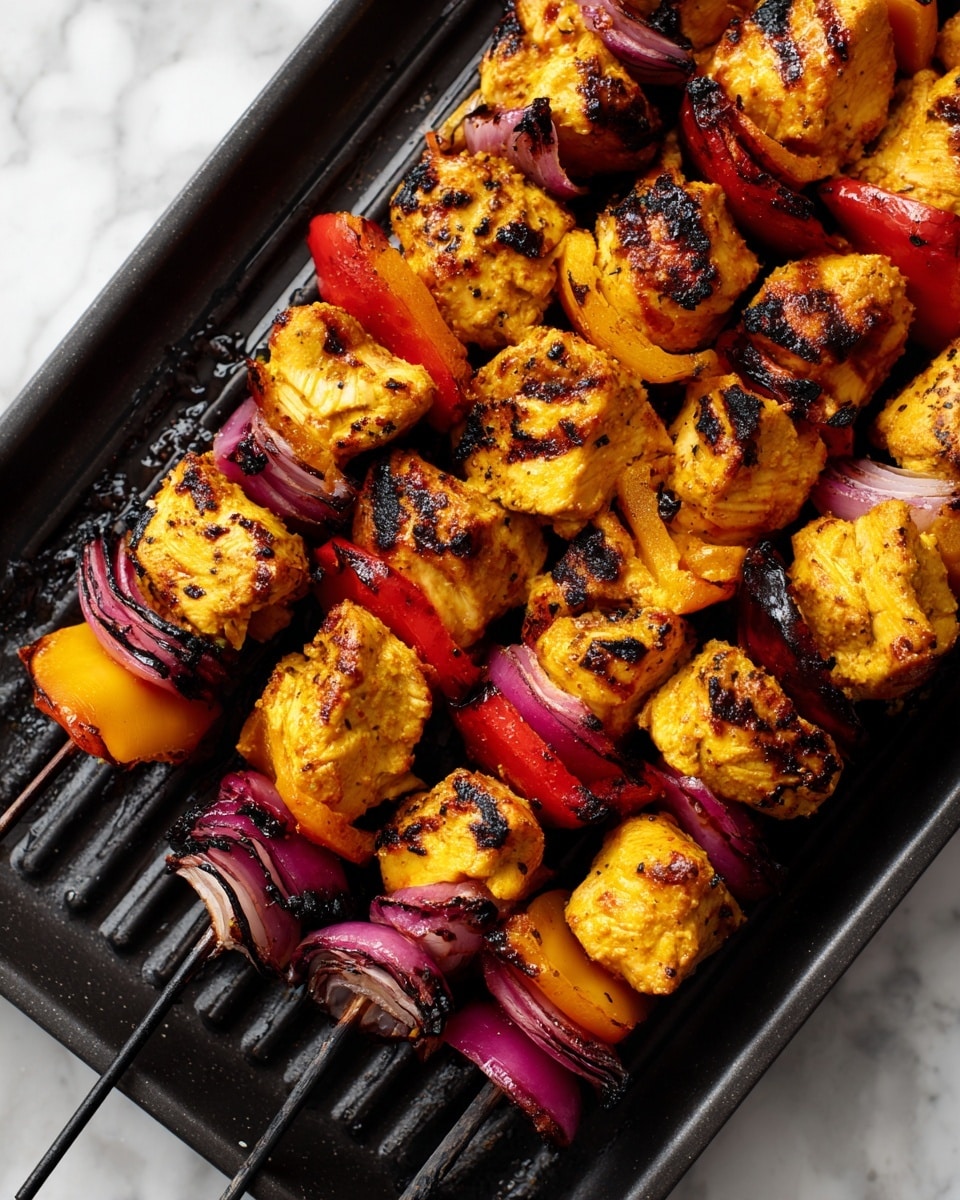Several skewers lie close together on a black grill pan with visible grill lines. Each skewer has large, thick chunks of grilled yellow-orange chicken showing dark brown grill marks. Between the chicken pieces, there are layers of red bell pepper and purple-red onion, both slightly charred at the edges. The colors contrast nicely with the black grill pan beneath, all placed on a white marbled surface. photo taken with an iphone --ar 4:5 --v 7