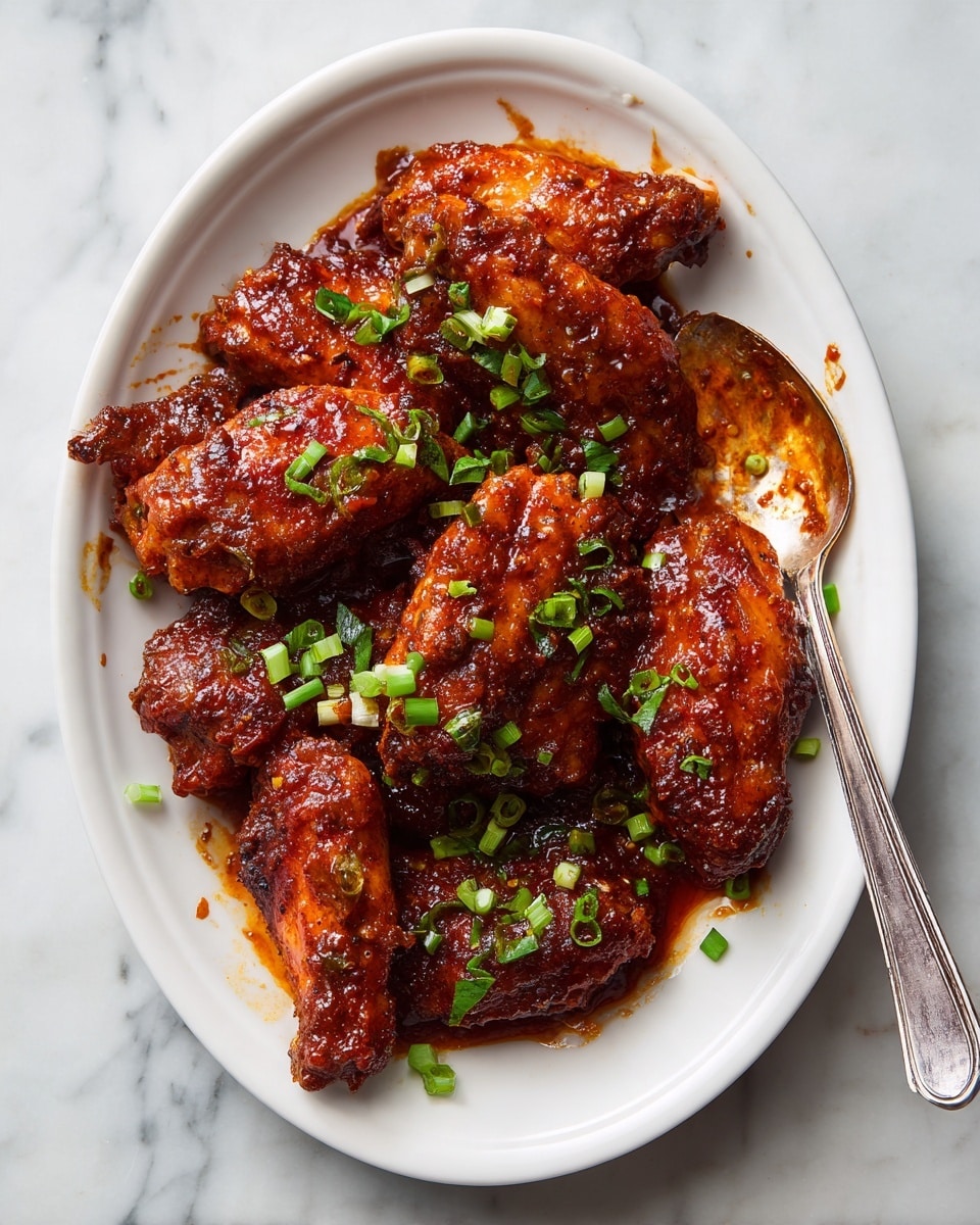 A white oval plate holds several dark brown chicken wings covered in a shiny, thick reddish-brown sauce with visible spices. The wings appear sticky and slightly charred, giving a rich texture. Small pieces of chopped green onions are scattered on top, adding a fresh green color contrast. A silver fork rests on the right side of the plate with some sauce on its tines. The plate is set on a white marbled surface. Photo taken with an iphone --ar 4:5 --v 7