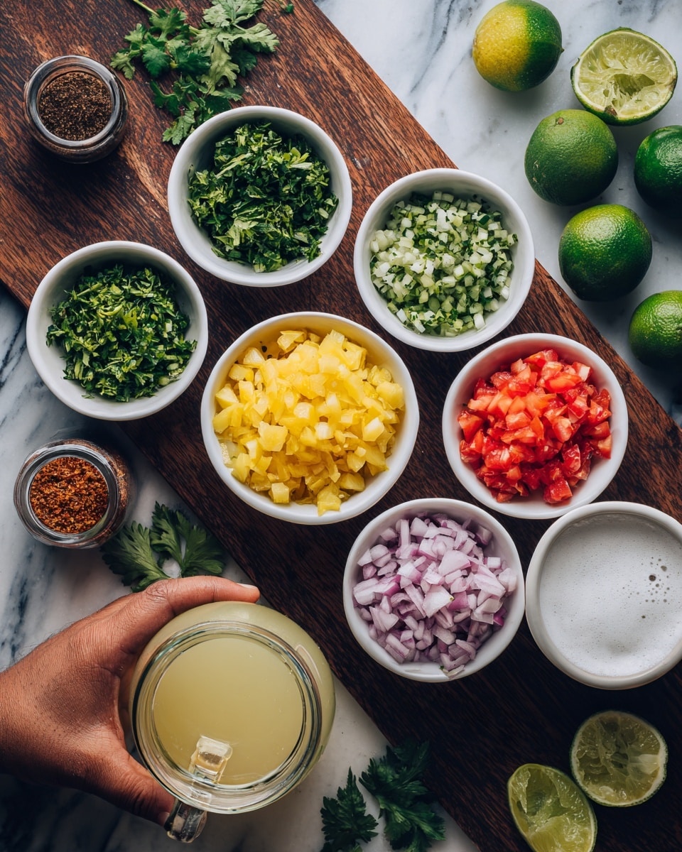 The image shows seven small white bowls and cups arranged on a dark wooden surface, each holding different chopped ingredients. At the top are two small white bowls filled with finely chopped green herbs and sliced small green pieces. Below these bowls, there is a white bowl with bright yellow diced fruit or vegetable. To the right, a white cup with a frothy white drink is placed. Near the center right, a white bowl holds diced red onions, while the bottom left has a white bowl filled with chopped red tomatoes. Around the bowls, there are whole green limes and fresh green herbs scattered, with a small glass pitcher of light yellow juice placed at the bottom right. A jar with a dark brown spice mix is at the bottom left, and a woman's hand touches the white cup with the frothy drink. The background is a white marbled texture. photo taken with an iphone --ar 4:5 --v 7