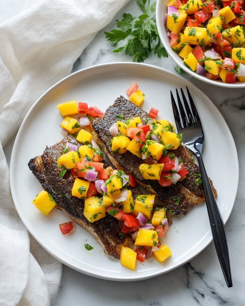 The image shows a white plate on a white marbled surface with two fillets of dark brown, crispy cooked fish placed side by side. Each fillet is topped with a colorful salsa made of yellow mango chunks, red tomato pieces, white onion bits, and chopped green herbs. The salsa is spread evenly on top of the fish and spills slightly onto the plate. A black fork rests on the right side of the plate. In the background, there is a bowl filled with more of the vibrant salsa, and a white cloth is partially visible. The overall look is bright, fresh, and appetizing. photo taken with an iphone --ar 4:5 --v 7