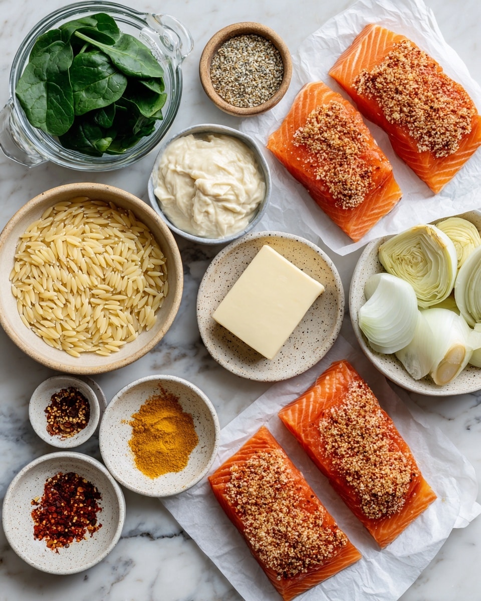 The image shows nine separate bowls and three uncooked salmon fillets on white parchment paper, all arranged on a white marbled surface. Three salmon fillets at the top right are bright orange, sprinkled with a reddish spice. Moving clockwise, there is a small bowl with creamy white garlic paste, next to a small bowl of grainy mustard with mustard seeds, and then a bowl with a thick square of white butter. Below these, a light beige bowl holds uncooked orzo pasta with a pale yellow color and rice-like texture. To the lower left is a small bowl with a spice mix of red chili flakes, salt, black pepper, yellow curry powder, and bright yellow minced ginger. Above it, a speckled white bowl contains light green artichoke hearts. Near the center left, a white bowl holds chopped white onions, and above it, a beige bowl contains coconut cream with a smooth, thick texture. At the top left, a glass measuring cup holds fresh green spinach leaves. The setup is neat, with a clean and fresh cooking preparation look. photo taken with an iphone --ar 4:5 --v 7