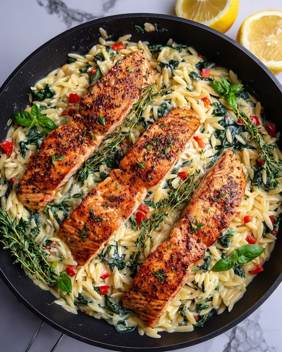 A round black pan filled with a creamy white orzo pasta mixed with dark green spinach leaves and small red bell pepper pieces forms the base layer. On top, four golden brown, nicely seared salmon slices lie in a diagonal row, each salmon piece showing a crispy texture with pepper seasoning. Bright green fresh basil leaves and thyme sprigs are scattered over the pasta and salmon. The pan sits on a white marbled surface, with two lemon halves placed near its side adding a pop of bright yellow to the scene. Photo taken with an iphone --ar 4:5 --v 7