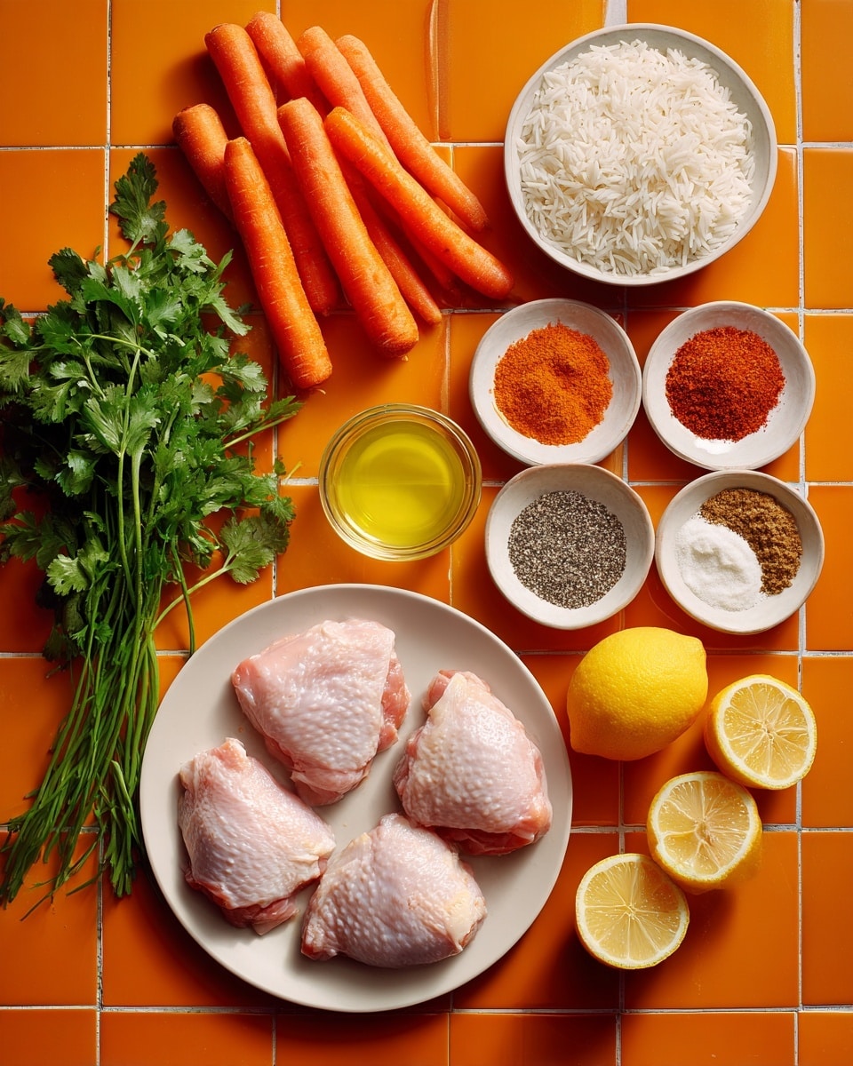 The image shows an overhead view of ingredients neatly arranged on an orange tiled surface. In the center bottom, there is a white plate holding three raw chicken pieces with a smooth, pink texture. To the left of the plate, there is a bunch of fresh green cilantro with leafy tops and thin stems. Above the cilantro, there are two whole carrots and several carrot sticks placed next to them, all bright orange with a slightly rough surface. Above the chicken plate to the right, there is a white bowl containing a mixture of spices divided into four sections: white salt, black pepper, red chili powder, and beige powder. To the right of the spice bowl, there are two yellow lemon halves facing upwards. Above the lemons and slightly to the right, there is a measuring cup filled with white uncooked rice. To the left of the rice cup, there is a small white bowl containing yellow oil. At the top left, there is a larger white bowl filled with thick white yogurt. The whole arrangement contrasts with the orange tile background. Photo taken with an iphone --ar 4:5 --v 7