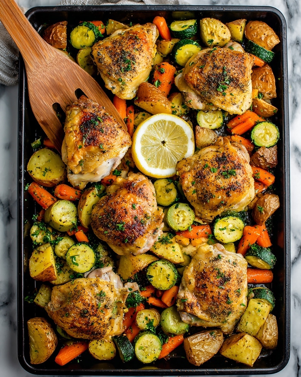 The image shows a black baking tray filled with six golden-brown roasted chicken thighs on top of a colorful mix of roasted vegetables. The vegetables include round slices of green zucchini, orange carrot pieces, and golden roasted potato wedges, all slightly charred. In the center of the tray, there is a lemon half placed cut side up. The chicken thighs are sprinkled with black pepper and chopped green herbs. A wooden spatula is lifting one chicken thigh near the left edge of the tray. The background has a white marbled texture. Photo taken with an iphone --ar 4:5 --v 7