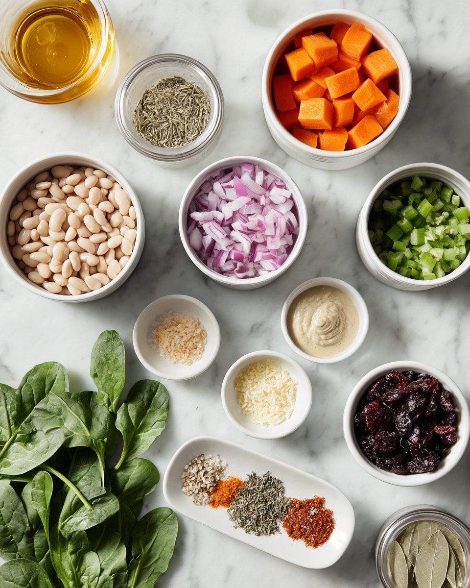 The image shows various ingredients placed neatly on a white marbled surface. There are two cans of organic cannellini beans lying on the surface, along with several small white bowls arranged in rough rows. One bowl holds diced red onions with a purple and white layered texture. Another bowl contains bright orange carrot slices with smooth edges. A small pile of green chopped celery pieces sits in a clear bowl. There is also a small bowl with finely minced garlic, showing tiny pale yellow pieces. Fresh green spinach leaves are spread in a cluster with visible vein patterns. A bowl with a light creamy sauce is placed near a bowl filled with a pale, grainy powder. Another bowl contains dark red and black wrinkled dried berries or fruit. Additionally, a small white dish holds assorted dried herbs and seasonings including a light green bay leaf, dried thyme, crushed red pepper flakes, and other fine herbs. A small glass container with a golden yellow liquid, likely oil, is placed near the top left. Lastly, there is a clear container with an amber-colored liquid, probably broth, visible in the upper left corner. The whole setup is clean and organized. photo taken with an iphone --ar 4:5 --v 7