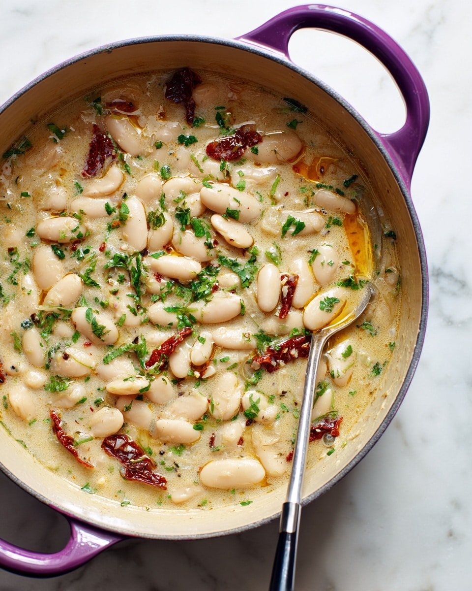 The image shows a deep pan with purple handles filled with creamy white beans in a thick sauce. The dish has a rich, light beige creamy texture with visible chunks of white beans throughout. There are pieces of sun-dried tomatoes scattered in the dish, adding dark red touches. Fresh green herbs are sprinkled on top, giving small bright green spots for color contrast. Small hints of orange oil float on the sauce surface. A silver spoon with a black handle rests inside the pan on the left side. The pan sits on a white marbled surface. Photo taken with an iphone --ar 4:5 --v 7