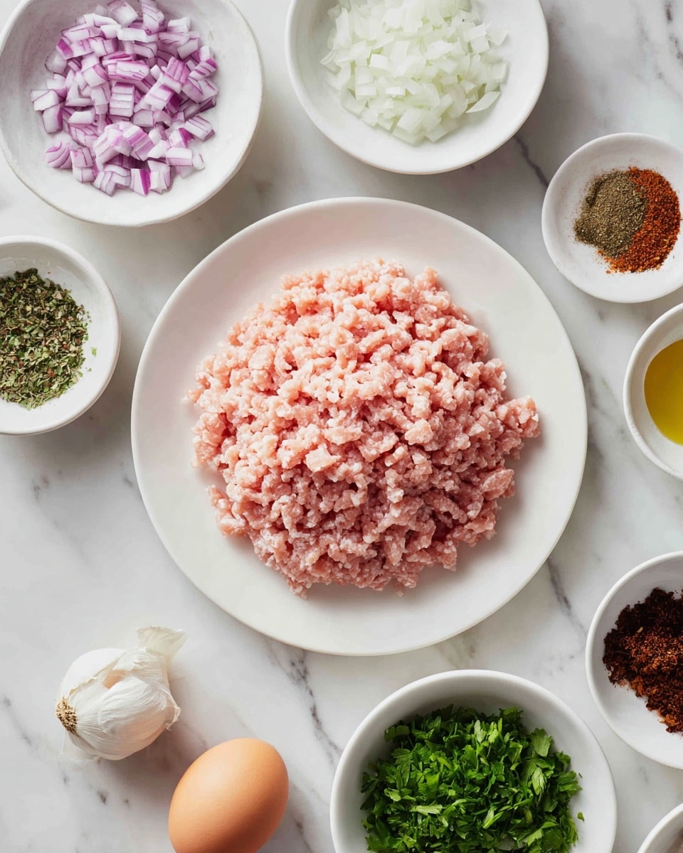 A white plate filled with raw light pink minced chicken is placed on a white marbled surface. Around it, there are five white bowls holding different ingredients: one has small chopped red and white onions, another contains finely chopped fresh green herbs, the third holds a mix of dried green herbs and brown spices, another bowl contains small dark brown dried pieces, and an egg and a garlic bulb are placed loosely between the bowls on the white marbled surface. The overall setup shows a neat arrangement of raw ingredients ready for cooking photo taken with an iphone --ar 4:5 --v 7