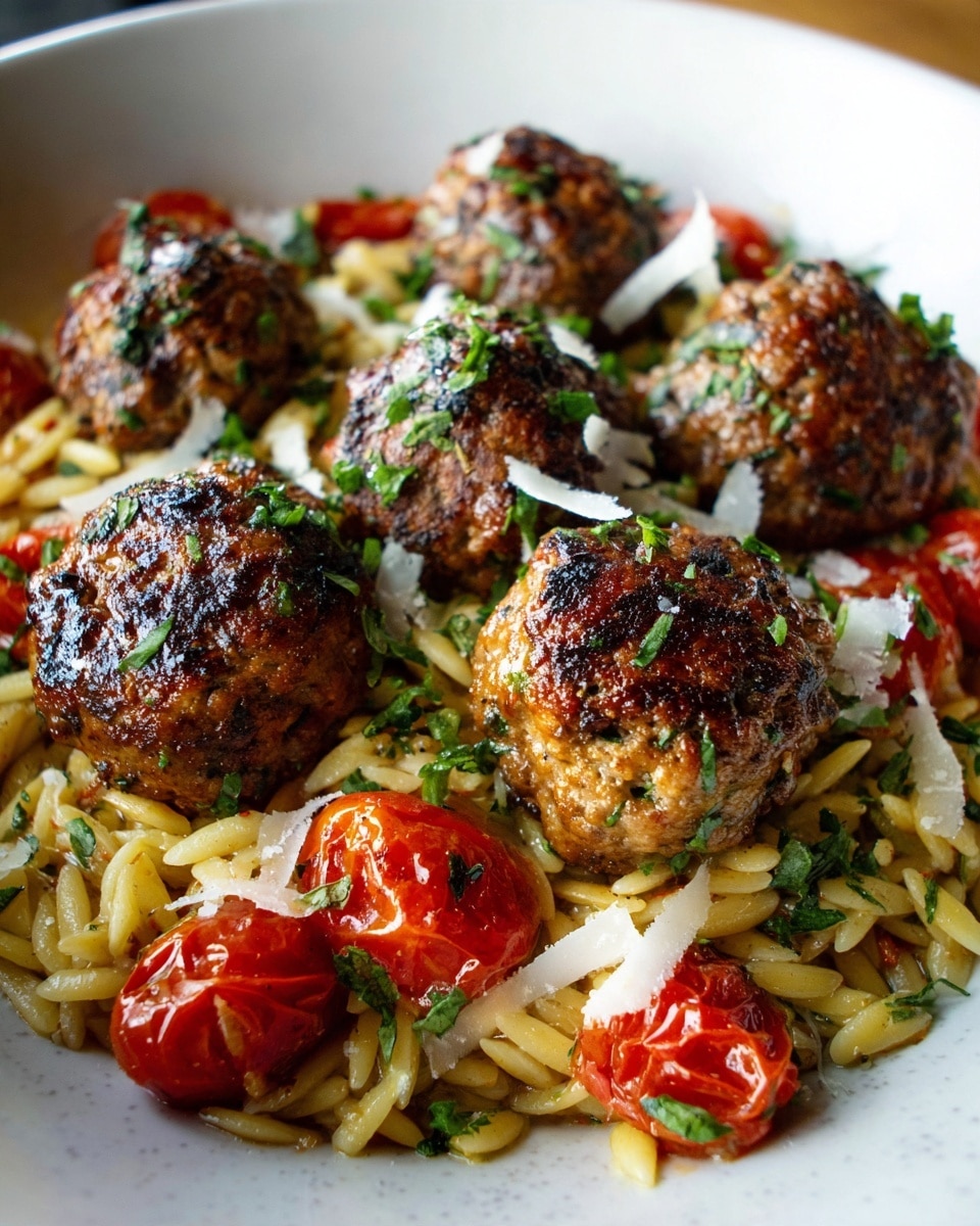 The image shows a close-up of a white bowl filled with six brown meatballs placed on top of a bed of light golden orzo pasta. Mixed within the orzo are bright red cherry tomatoes, some whole and some slightly roasted. The meatballs have a textured, slightly browned surface with green herbs sprinkled over them. Thin white shavings of cheese are scattered on top of the meatballs. The dish is presented on a white marbled background. photo taken with an iphone --ar 4:5 --v 7