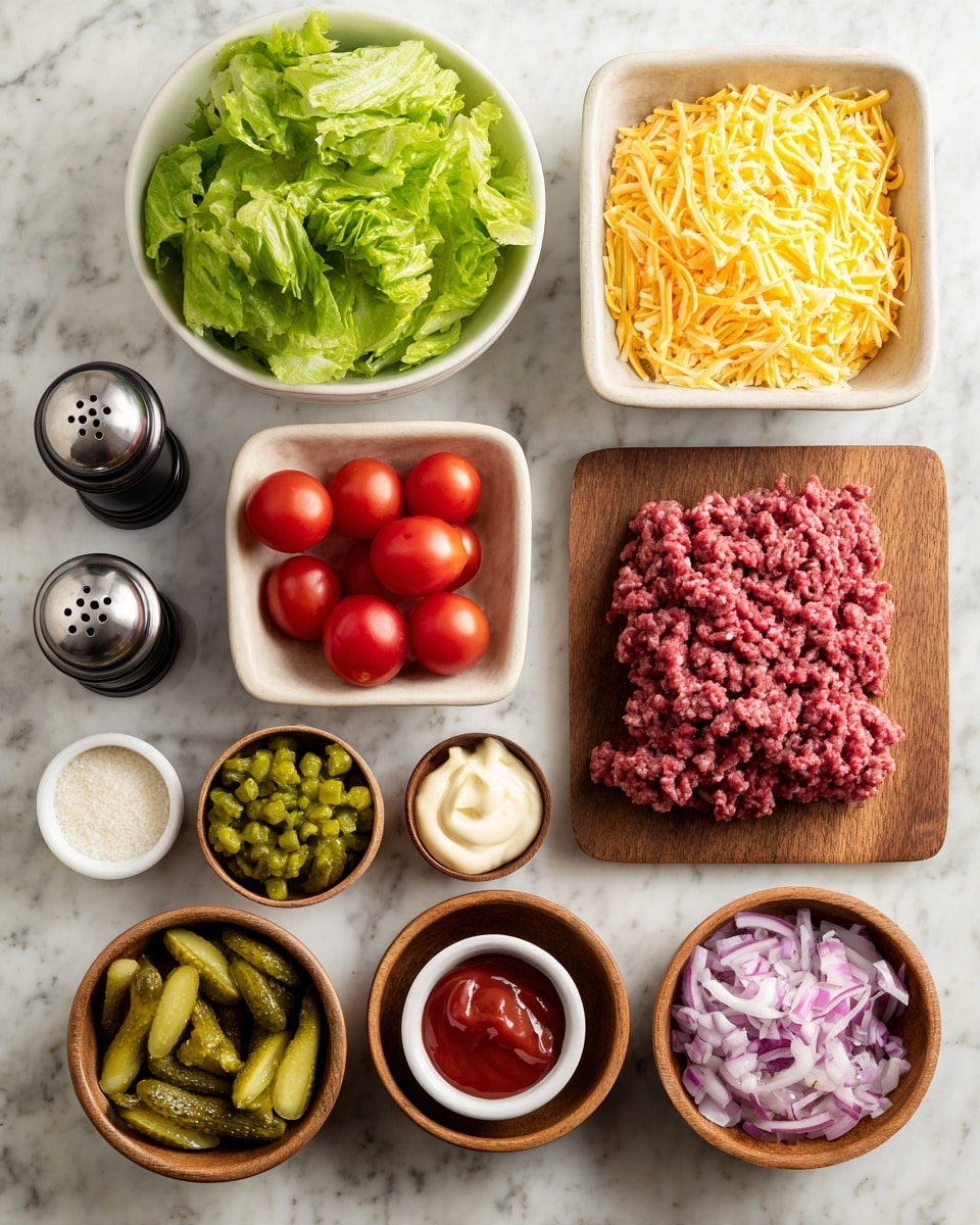 The image shows a white marbled surface with various ingredients neatly arranged: a white bowl of fresh green lettuce leaves at the top, a square wooden plate holding raw ground meat on the right side, and a wooden bowl full of yellow shredded cheese next to it. Below the cheese are small wooden bowls filled with bright red grape tomatoes on the left, green pickles in a white bowl towards the center, and finely chopped purple onions in another wooden bowl at the bottom right. In the middle, there is a white bowl with red ketchup, a small white dish with mayonnaise, and another containing white and beige spices. There are also black and white pepper shakers placed at the top left corner. All items are clearly visible and well organized. Photo taken with an iphone --ar 4:5 --v 7