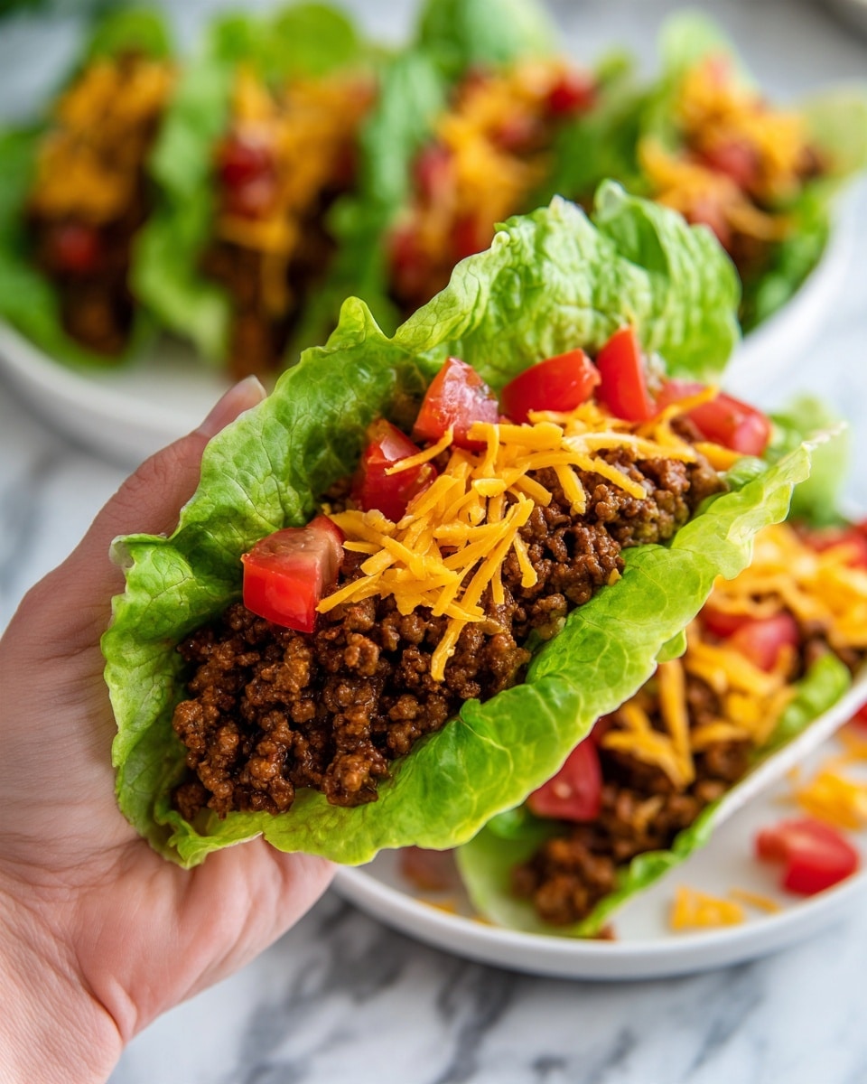 A woman's hand is holding a single taco made with fresh green lettuce leaves. Inside the lettuce, there is a mix of brown cooked ground meat, bright red chopped tomatoes, and shredded yellow cheese. In the background, more tacos with the same ingredients are on a white plate, all placed on a white marbled surface. The overall colors are green, red, yellow, and brown, with a clear focus on the taco in the woman's hand. photo taken with an iphone --ar 4:5 --v 7