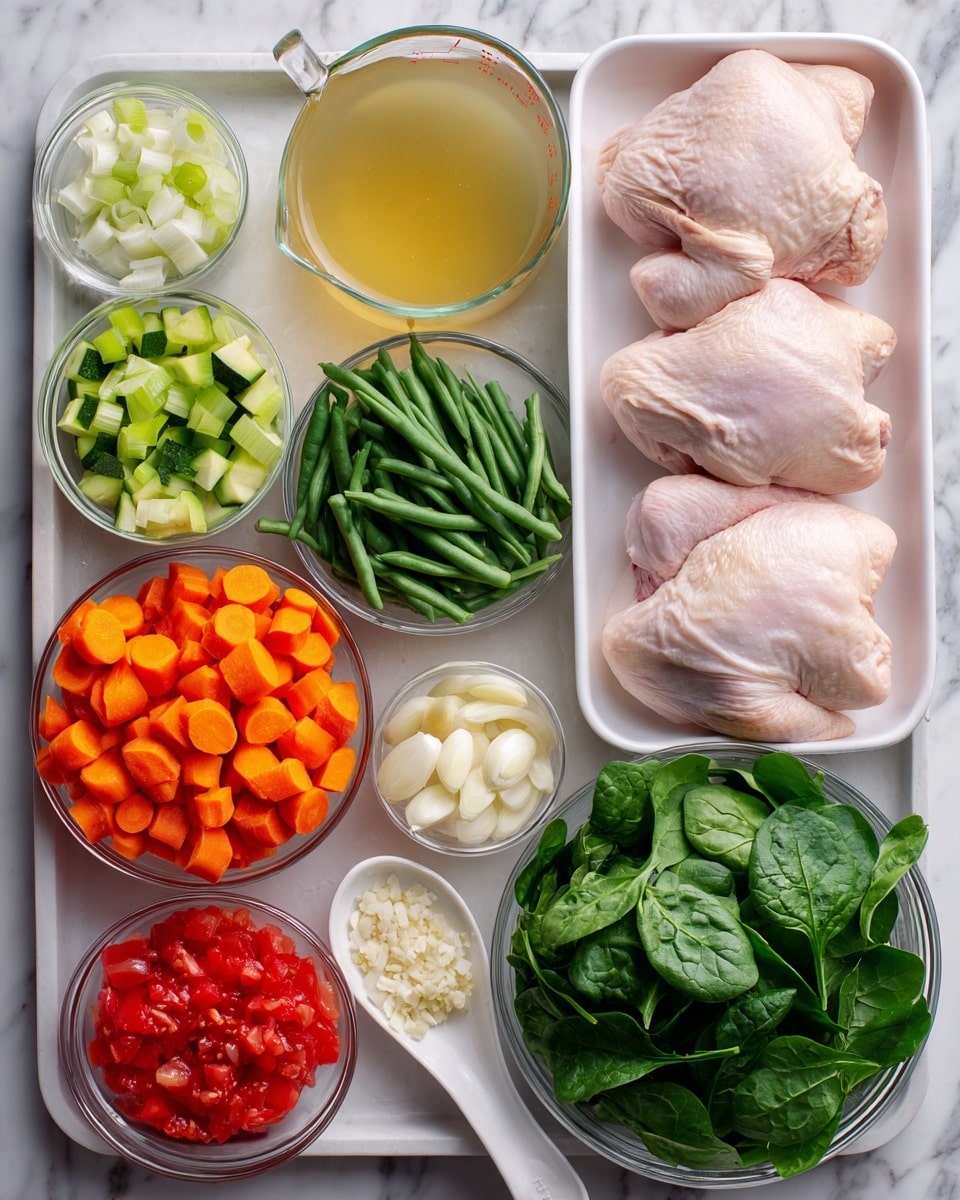 The image shows raw ingredients laid out on a white marbled surface. There are two raw light pink chicken pieces on a white tray on the right. Around them are small clear bowls filled with chopped green celery, white onions, bright orange carrot slices, chopped green beans, and sliced green zucchini. In addition, there is a small white spoon holding minced garlic, a large clear bowl of fresh dark green spinach leaves, a clear measuring cup filled with pale yellow chicken broth, and a can opened to reveal red diced tomatoes. The arrangement is neat and evenly spaced. Photo taken with an iphone --ar 4:5 --v 7