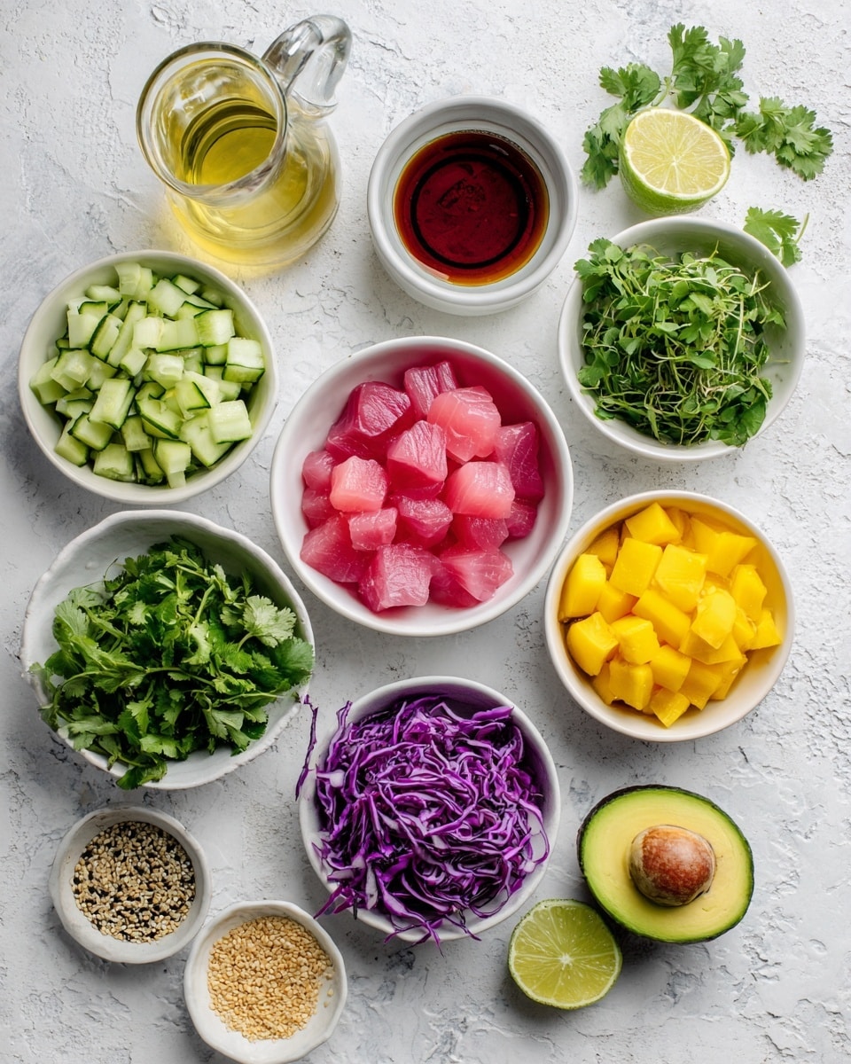 A flat lay of small white bowls and dishes on a white marbled textured surface, each filled with fresh, colorful ingredients arranged in a neat grid. In the center, a white bowl holds bright pink raw fish cubes. Surrounding it are bowls with light green cucumber cubes, finely shredded purple cabbage, bright yellow mango cubes, and a mix of dark green microgreens. A smaller bowl contains a dark amber liquid, and another has golden sesame seeds. Fresh cilantro leaves sit in a small white bowl, and a halved green lime and half an avocado with the seed still inside rest nearby. A small clear glass pitcher with pale golden oil is also on the surface. The image is clear and bright with a natural look, photo taken with an iphone --ar 4:5 --v 7