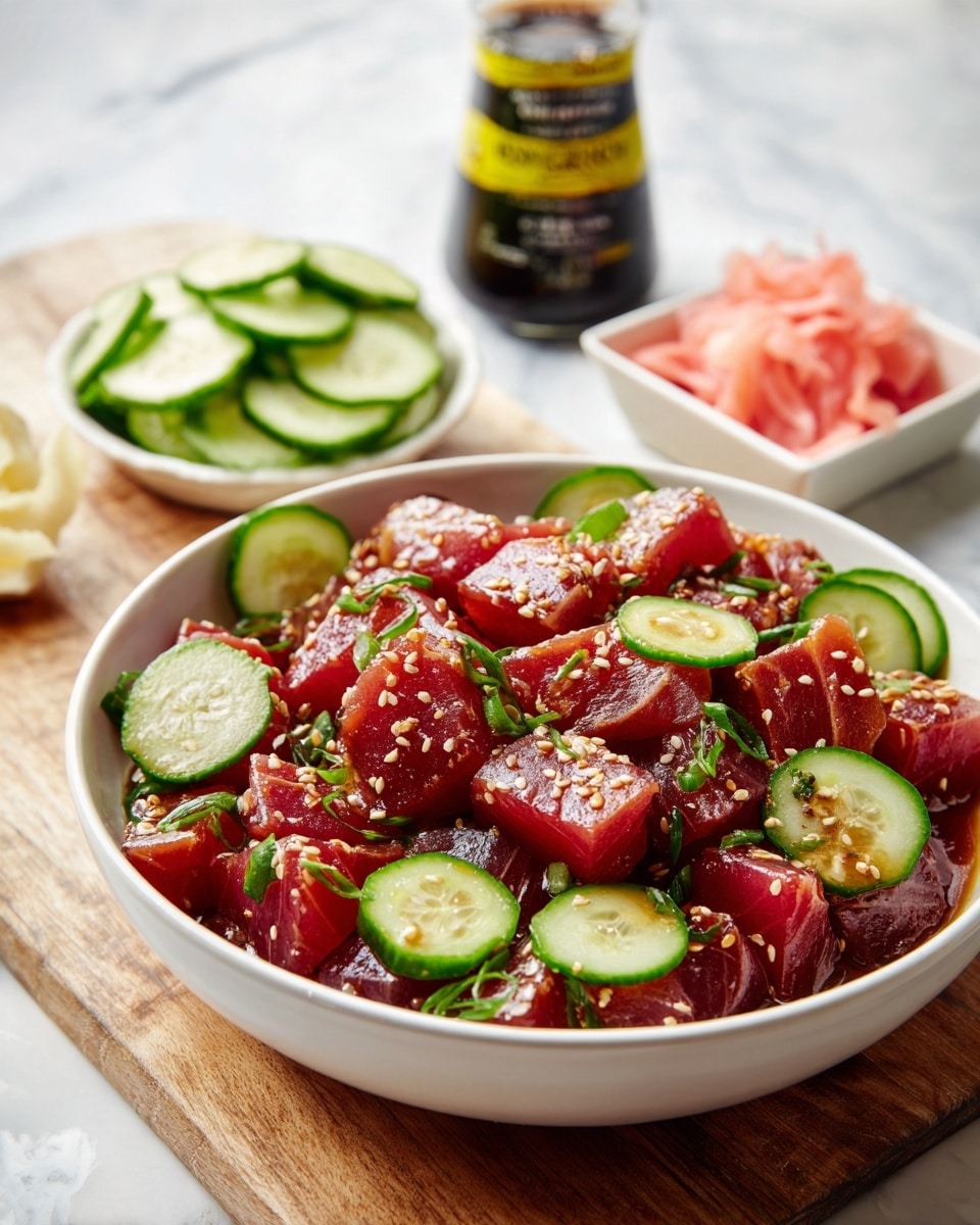 A white bowl filled with dark red, glossy cubes of marinated raw tuna mixed with thin light brown slices of ginger and small green scallion pieces, sprinkled with white sesame seeds on top. On the rim of the bowl, light green cucumber slices add contrast. Around the bowl on a light wooden surface, there are more cucumber slices, a small square white bowl filled with pale pink pickled ginger, and a dark soy sauce bottle with a yellow label. The background is a white marbled texture. The overall look is fresh and colorful, highlighting the different textures and layers in the tuna dish. photo taken with an iphone --ar 4:5 --v 7