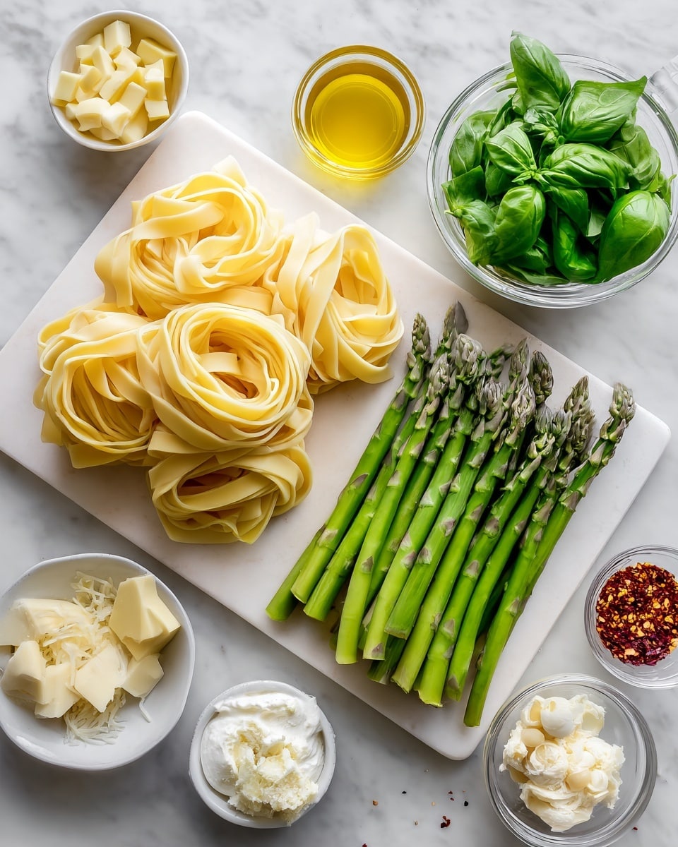 A white rectangular board on the left holds a neat pile of pale yellow flat pasta strips with a smooth texture, arranged in layers. To the right of the board is a clear glass bowl filled with bright green asparagus pieces, cut in half and stacked loosely. Above it, a small white bowl contains fresh, vibrant green basil leaves. Surrounding these are several small round white bowls, some holding finely chopped pale pink shallots, minced white garlic, golden yellow butter cubes, and fluffy grated parmesan cheese. There are clear measuring cups with golden olive oil and white cream. Additionally, tiny glass bowls contain finely grated lemon zest, reddish chili flakes, black pepper, and coarse salt. The whole setup is placed on a clean white marbled surface. photo taken with an iphone --ar 4:5 --v 7