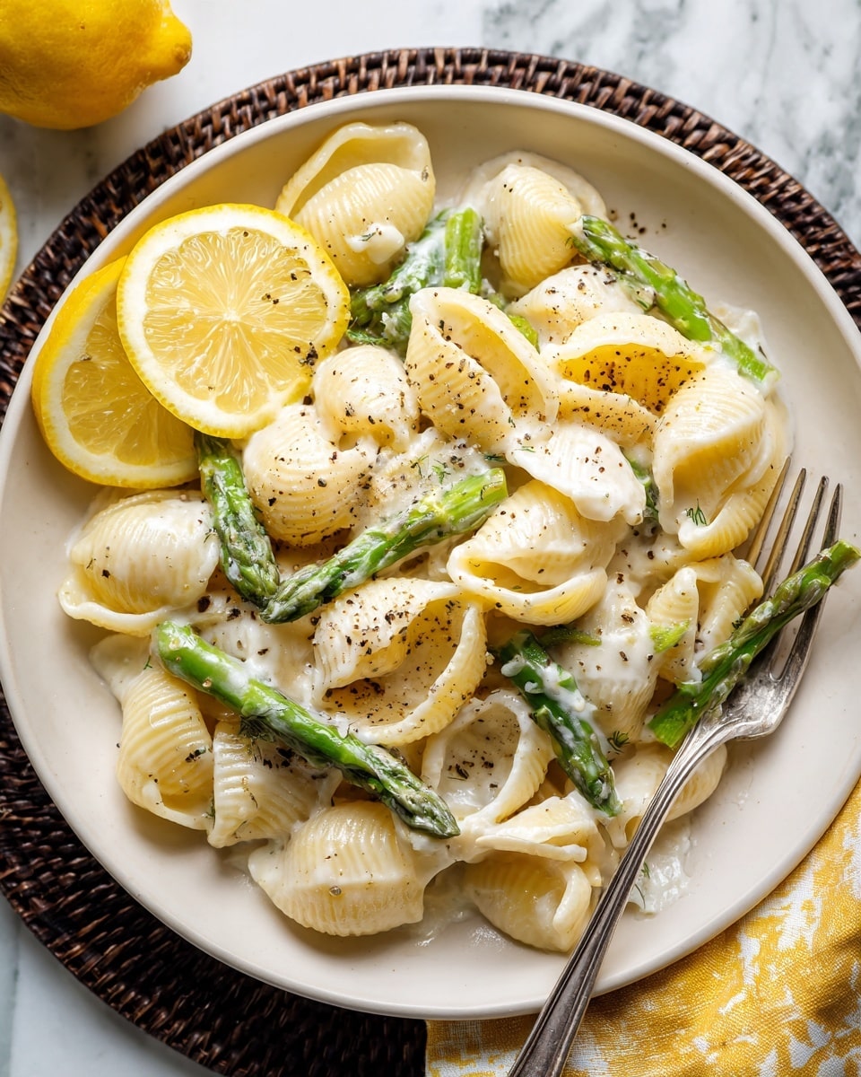 The image shows a white plate filled with shell pasta covered in a creamy white sauce, with green asparagus pieces mixed throughout. Two thin lemon slices sit on the top left side of the pasta, adding a pop of yellow to the dish. The pasta is sprinkled lightly with ground black pepper, adding small dark specks across the surface. A silver fork rests on the right edge of the plate. The plate is on a dark woven mat, with a white marbled background visible at the corners and a yellow and white cloth partially in view near the top. Photo taken with an iphone --ar 4:5 --v 7