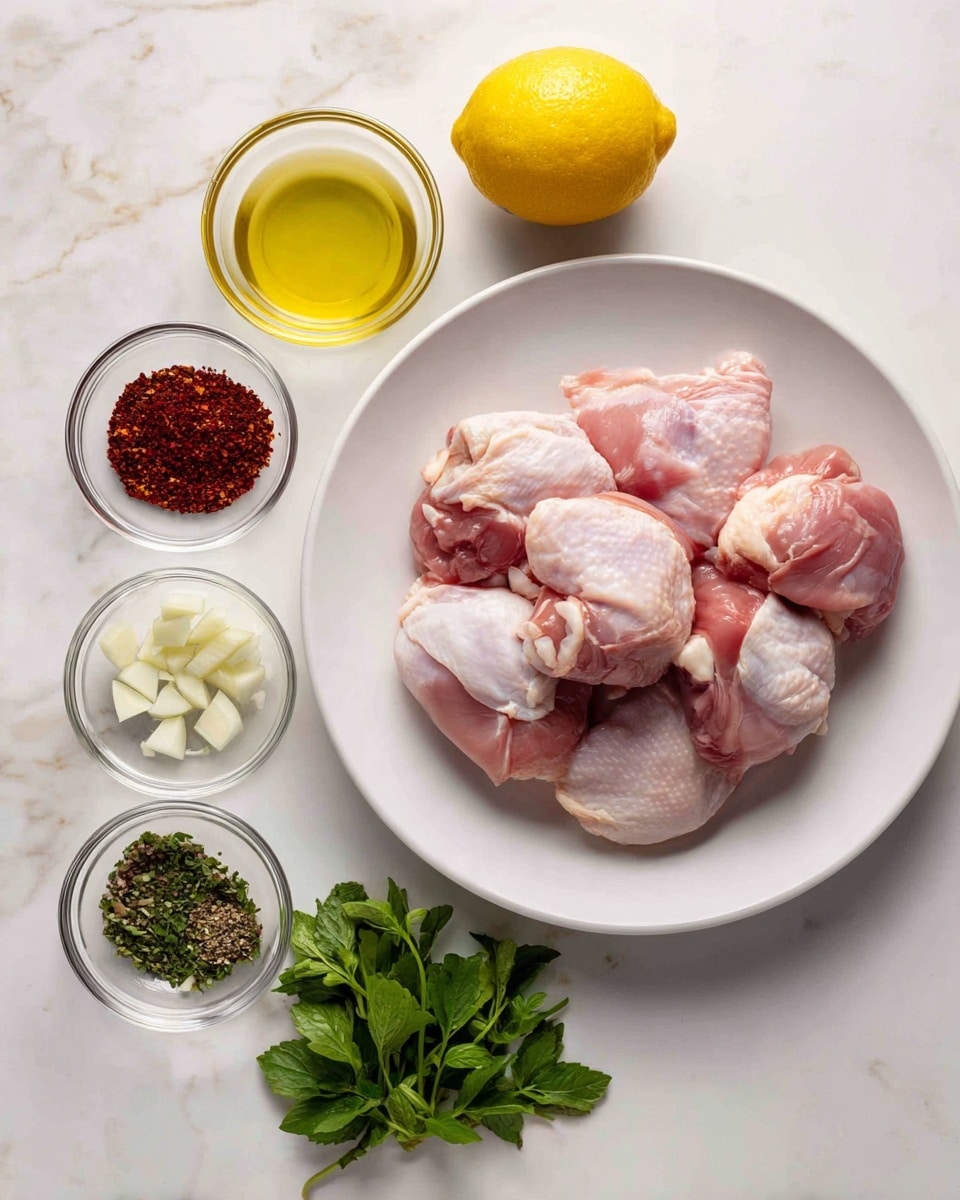 The image shows several ingredients neatly arranged on a white marbled surface. On the right side, there is a white round plate filled with raw chicken thighs that are pinkish with some white fat patches. Above the plate is a whole yellow lemon. To the left of the chicken plate and lemon, there are small clear glass bowls with different items: finely chopped garlic, a dark red liquid, olive oil, red chili flakes, salt, black pepper, finely chopped shallots, fresh mint leaves, fresh parsley, and fresh cilantro leaves. All ingredients are separated and placed in a tidy grid-like pattern. Photo taken with an iphone --ar 4:5 --v 7