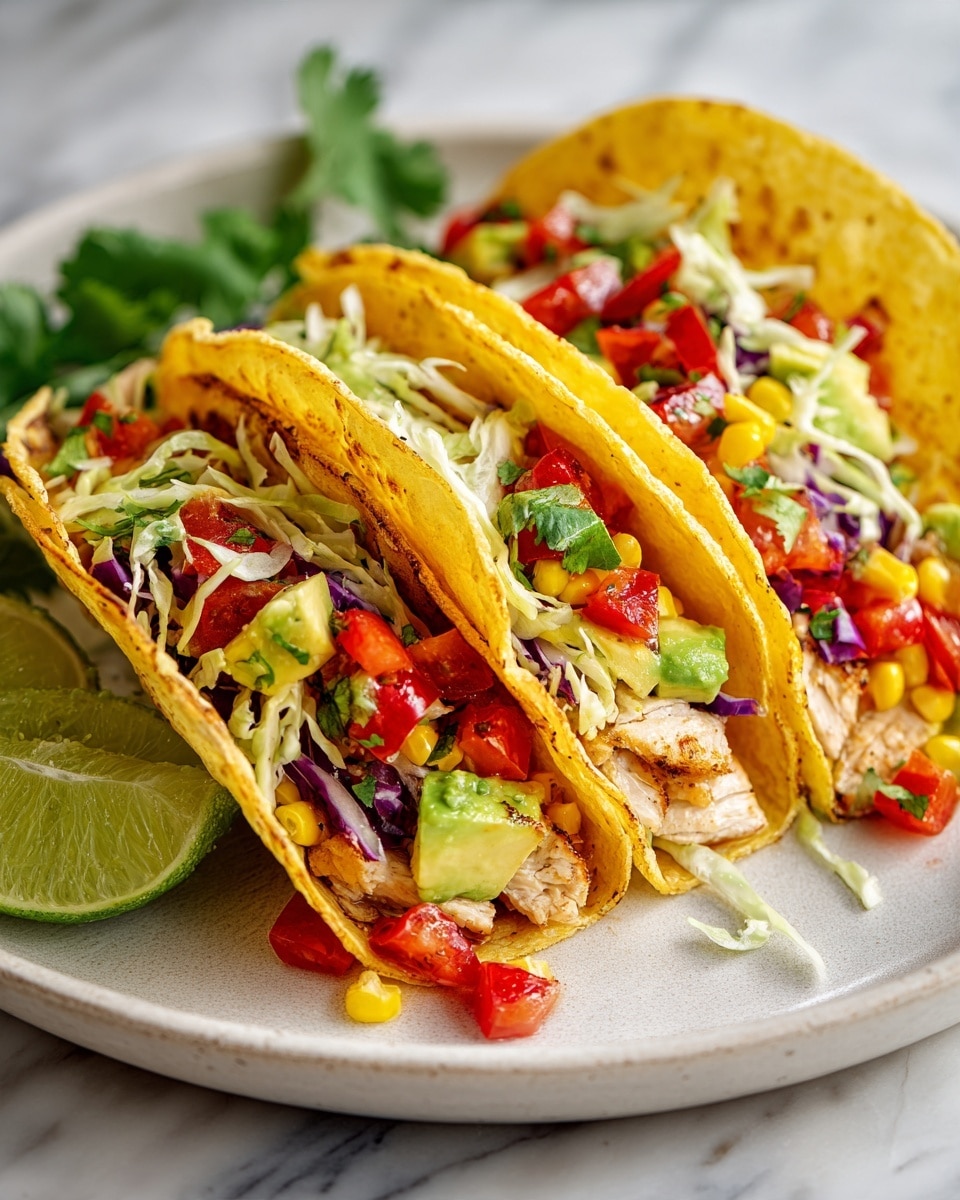 Three tacos are placed on a large white plate with a white marbled surface background. Each taco has three visible layers: a soft, lightly toasted golden-yellow tortilla shell on the outside, a colorful filling with diced red tomatoes, yellow corn, green avocado chunks, and pieces of grilled chicken that show slight grill marks. The top layer is shredded white cabbage or lettuce scattered evenly on each taco. A halved lime and some cilantro garnish rest on the plate near the tacos. The scene is bright and fresh, with warm tones from the tortillas and vibrant colors from the vegetables and chicken, photo taken with an iphone --ar 4:5 --v 7