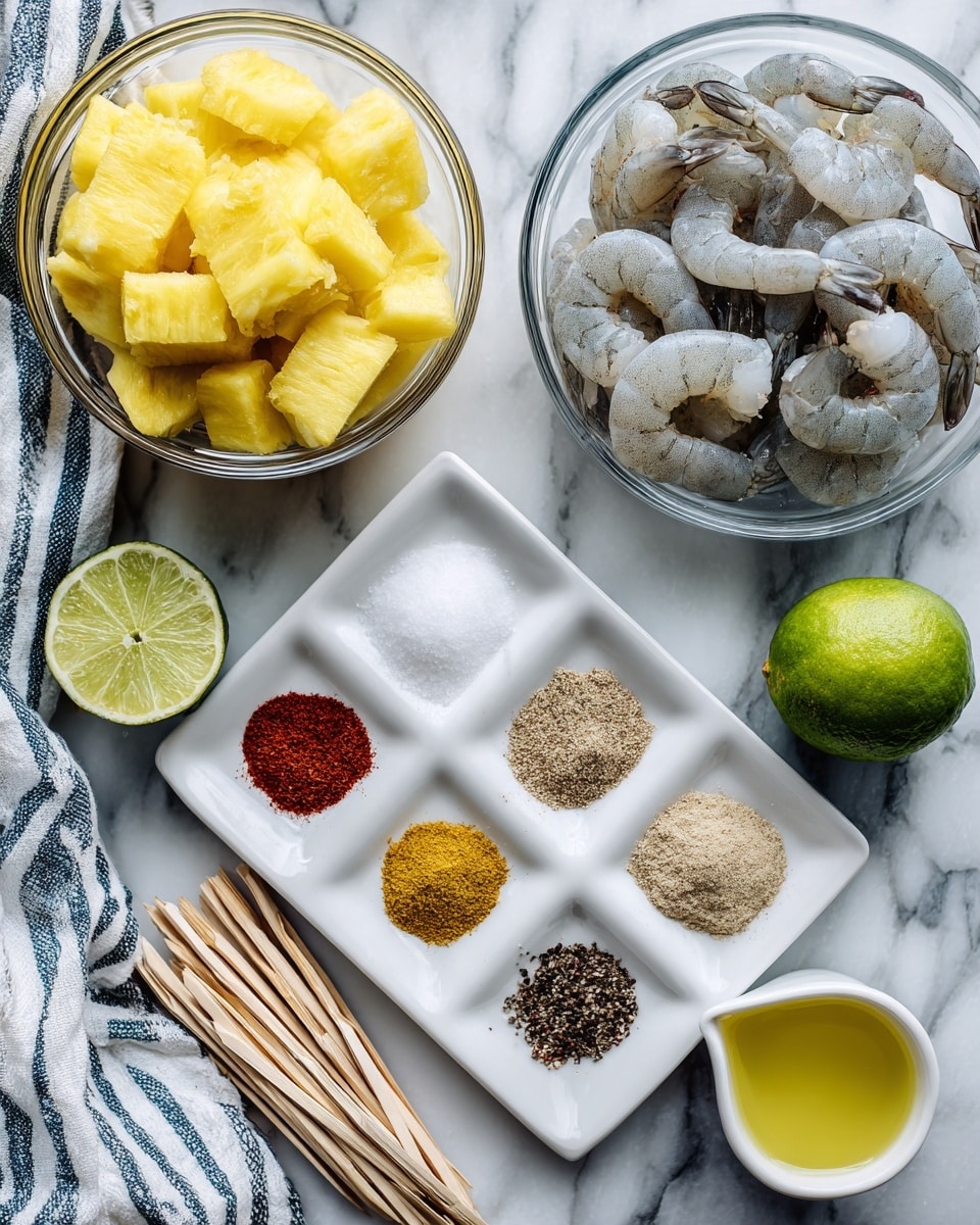 The image shows a flat lay of fresh ingredients on a white marbled surface for a dish. On the top left, there is a clear glass bowl filled with bright yellow pineapple chunks. To the right of it, there is a whole lime and a halved lime with a green rind and light green inside, placed near a white and blue striped cloth. On the right side, there is another clear glass bowl filled with raw gray shrimp with their tails on. Below the pineapples and shrimp bowls, a white square plate holds nine small piles of different spices, including brown, black, red, and beige powders arranged in a circle with white salt in the middle. Near the bottom left, there is a small white cup filled with light yellow oil. At the bottom center, there is a bunch of light-colored wooden skewers arranged in a fan shape. The photo taken with an iphone --ar 4:5 --v 7