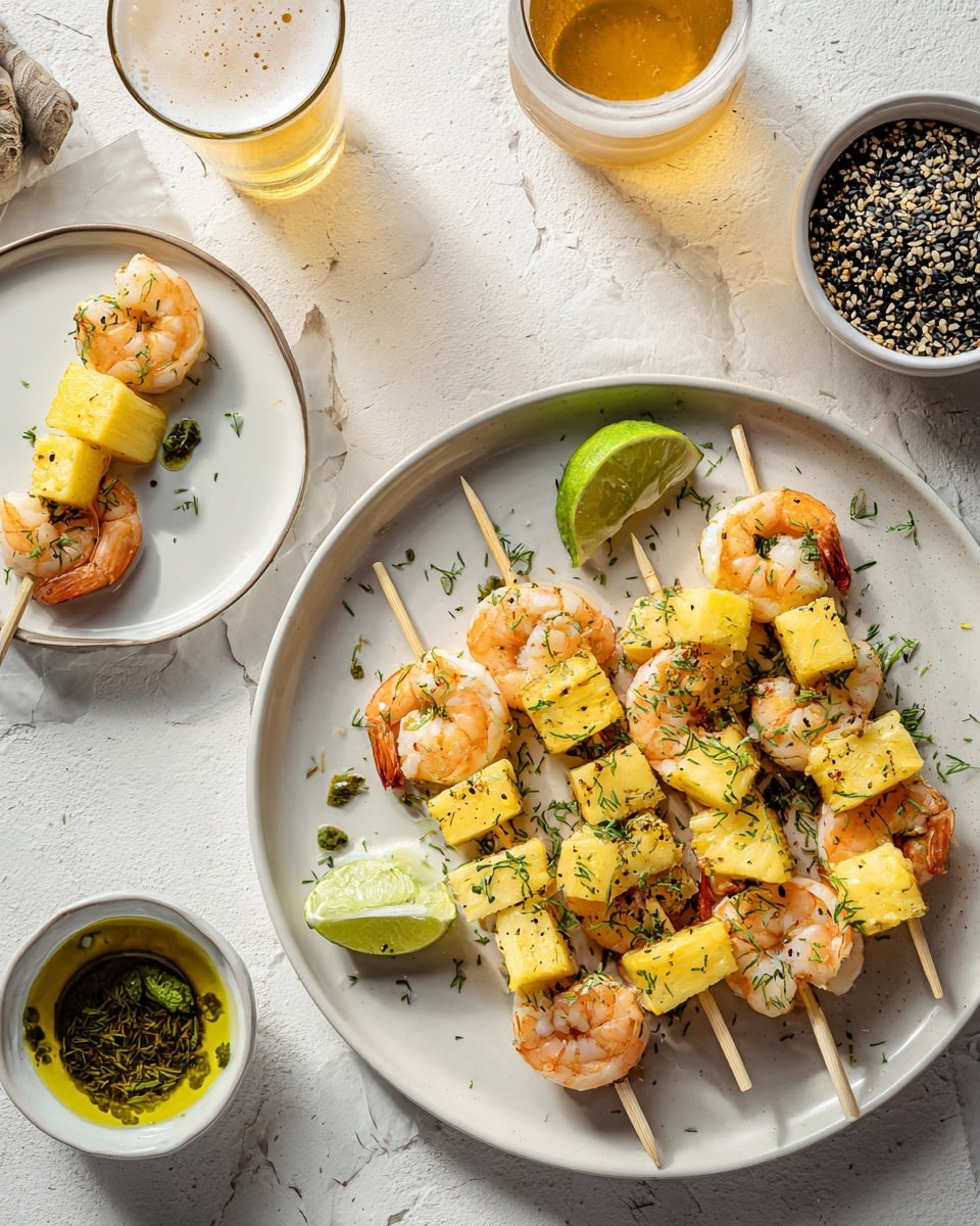 The image shows a large white plate full of shrimp and pineapple skewers arranged in a circular pattern. Each skewer has plump orange-pink shrimp paired with bright yellow pineapple chunks. There is a half lime wedge with green skin and light green flesh placed at the edge of the plate. Nearby, a smaller white plate holds two similar skewers with shrimp and pineapple pieces. In the background, a clear glass of light golden beer with white foam on top, a white bowl of olive oil with green herbs, and a black and white sesame seed bowl are set on a white marbled surface. The scene is bright and fresh, with herbs sprinkled over the shrimp and pineapple, photograph taken with an iphone --ar 4:5 --v 7