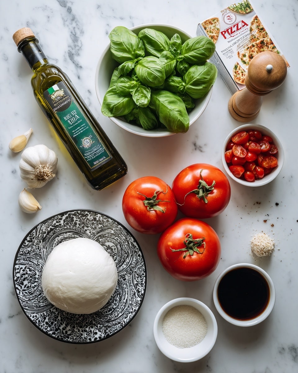 The image shows several food ingredients arranged neatly on a white marbled surface. There is a cluster of three bright red tomatoes with green stems in the lower center. Above them, a small white bowl filled with fresh green basil leaves sits next to a single larger green basil leaf. Near the center, a ball of white mozzarella cheese rests on a black and white patterned small plate. To the left, a tall green bottle of olive oil lies horizontally next to a small white bowl with two garlic cloves and a pepper grinder with a wooden top positioned near a small white bowl of coarse salt. There is also a pack of pizza crust in its box placed at the top right, along with a small bowl of shiny red cherry tomatoes and a small bowl with a dark liquid, likely balsamic vinegar. photo taken with an iphone --ar 4:5 --v 7