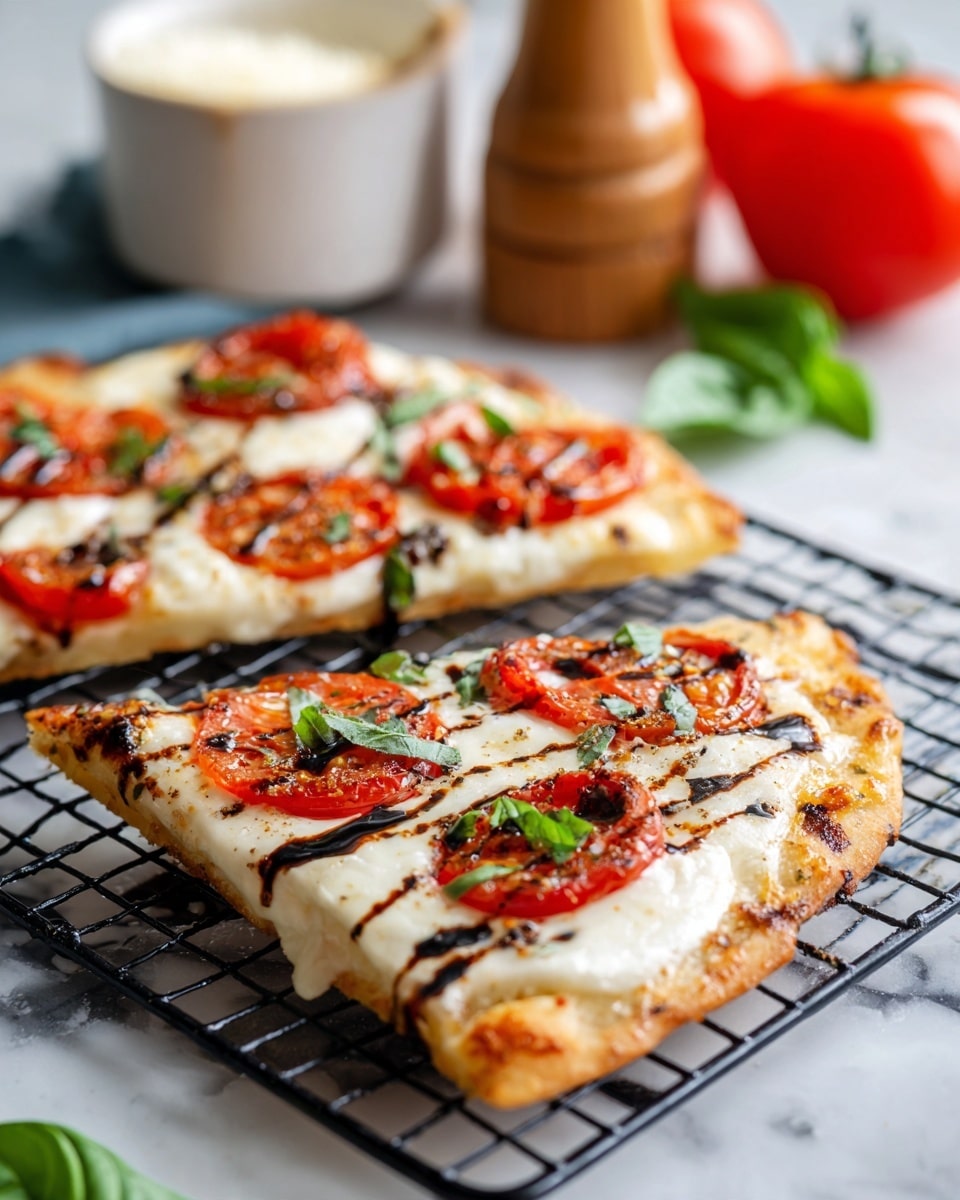 Two slices of flatbread pizza rest on a black cooling rack over a white marbled surface. The flatbread has a light golden crust and is topped with melted white cheese, slices of roasted red tomatoes, chopped bright green basil, and thin brown drizzle of balsamic glaze. The pizza edges appear slightly crispy, and the cheese layer is smooth with occasional brown spots. In the background, a wooden pepper mill and a white cup with more cheese are partially visible, while a red tomato is blurred in the foreground. Photo taken with an iphone --ar 4:5 --v 7