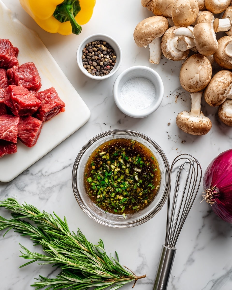 The image shows various ingredients arranged on a white marbled surface. In the center, there is a clear glass bowl filled with a dark brown liquid mixed with green herbs and minced garlic, with a silver whisk next to it. To the left, chunks of red meat are placed on a white cutting board, above two small white bowls—one with coarse salt and the other with mixed peppercorns. To the right side, there are several whole light brown mushrooms clustered together, a bulb of garlic, a red onion, and a sprig of fresh green rosemary. Part of a yellow bell pepper is visible in the top left corner. The scene is bright and clean, highlighting the fresh ingredients. photo taken with an iphone --ar 4:5 --v 7
