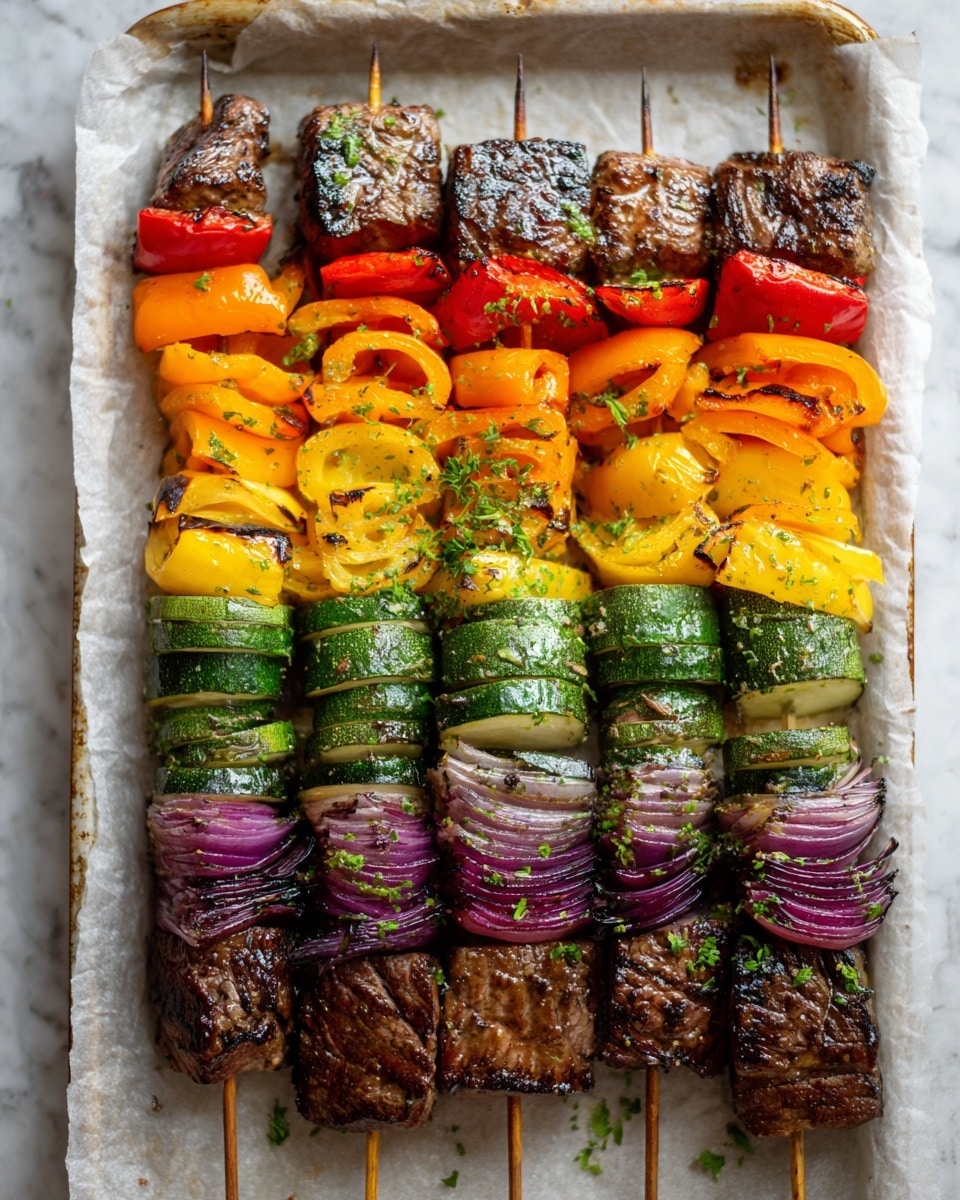 The image shows five skewers laid out on a white tray lined with parchment paper, placed on a white marbled surface. Each skewer has several layers of colorful grilled vegetables and meat. The vegetables include orange bell peppers, green zucchini slices, red bell peppers, purple onion pieces, and yellow squash slices, arranged in alternating bright colors. The meat pieces are large, grilled, and browned with some green herbs sprinkled on top, positioned mostly in the middle skewer. The textures vary from smooth and shiny grilled vegetables to the rough and charred surface of the meat. The skewers form a neat row from bottom to top, filling the tray evenly. The photo looks bright and natural, taken with an iphone --ar 4:5 --v 7