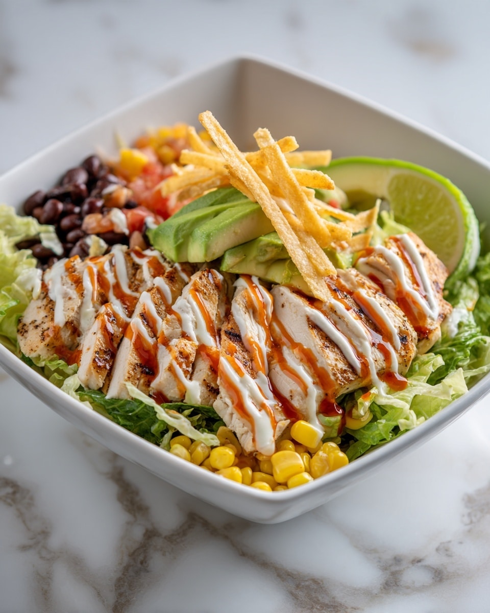 A white square bowl filled with a layered dish starting at the base with dark beans and bright yellow corn mixed together, topped with shredded lettuce around the edges. Above that are slices of white grilled chicken with drizzles of white creamy sauce and orange-red sauce over them. There are thin, crispy golden strips scattered on top, along with two slices of light green avocado and a wedge of lime in the center, all placed on a white marbled surface. photo taken with an iphone --ar 4:5 --v 7