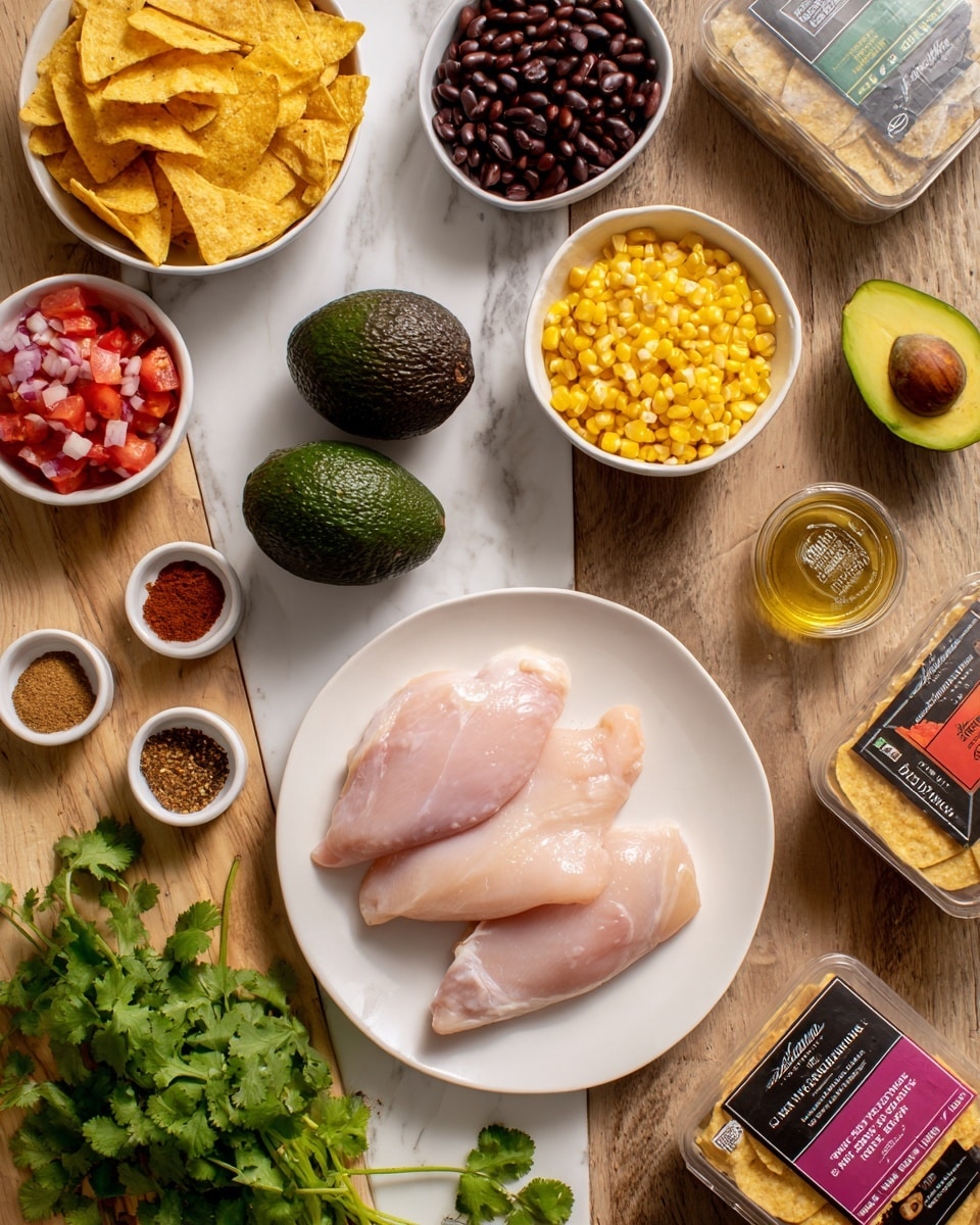 The image shows several white bowls and plates arranged on a wooden table with a white marbled background. In the center bottom, there is a white plate with three raw chicken pieces, pale pink with a smooth texture. Around it, there are two whole dark green avocados. Above the chicken, there are five small white bowls: one filled with yellow strips resembling fried tortilla chips, one with dark brown beans, another containing bright red and pink chopped tomatoes and onions, one with yellow corn kernels, and one with dark red sauce. Nearby, a small white dish has different spices in brown, off-white, and reddish colors. There is also a small clear container with a golden oil. Two boxed food packages with bright colorful labels are placed on the right and bottom right corners on the white marbled surface. Some fresh green cilantro leaves are on the bottom left. photo taken with an iphone --ar 4:5 --v 7
