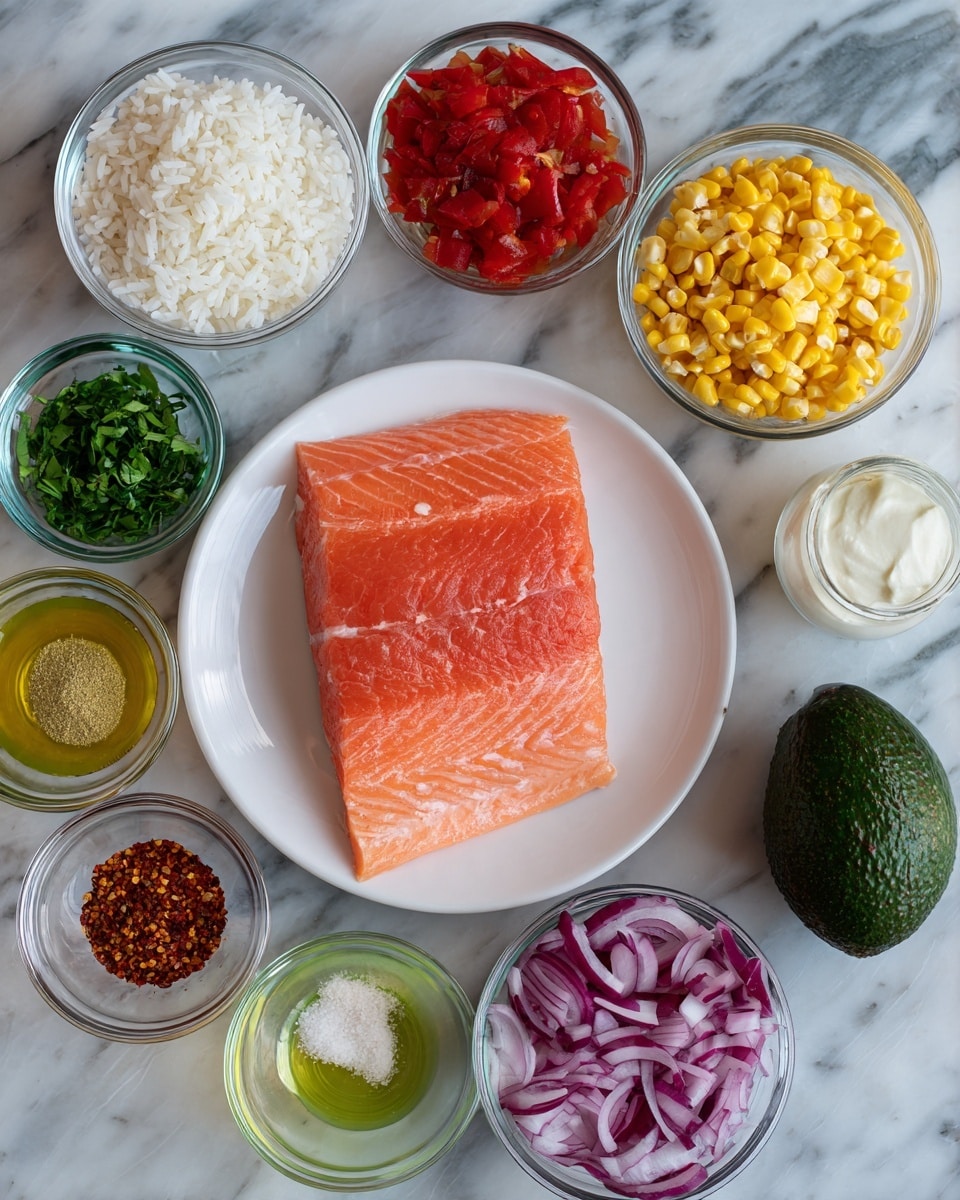 The image shows a white plate in the center with a large, light pink salmon fillet lying flat. Around it are small clear glass bowls with different ingredients: fluffy white rice, chopped green herbs, red sauce, white thick sauce, golden corn kernels, red onion slices, sliced red bell peppers, yellow oil, light green juice, white salt, light green zest, and chili flakes. There is also a whole dark green avocado at the bottom right. All items are placed on a white marbled surface, and the bowls vary in size but are all clear glass. Photo taken with an iphone --ar 4:5 --v 7