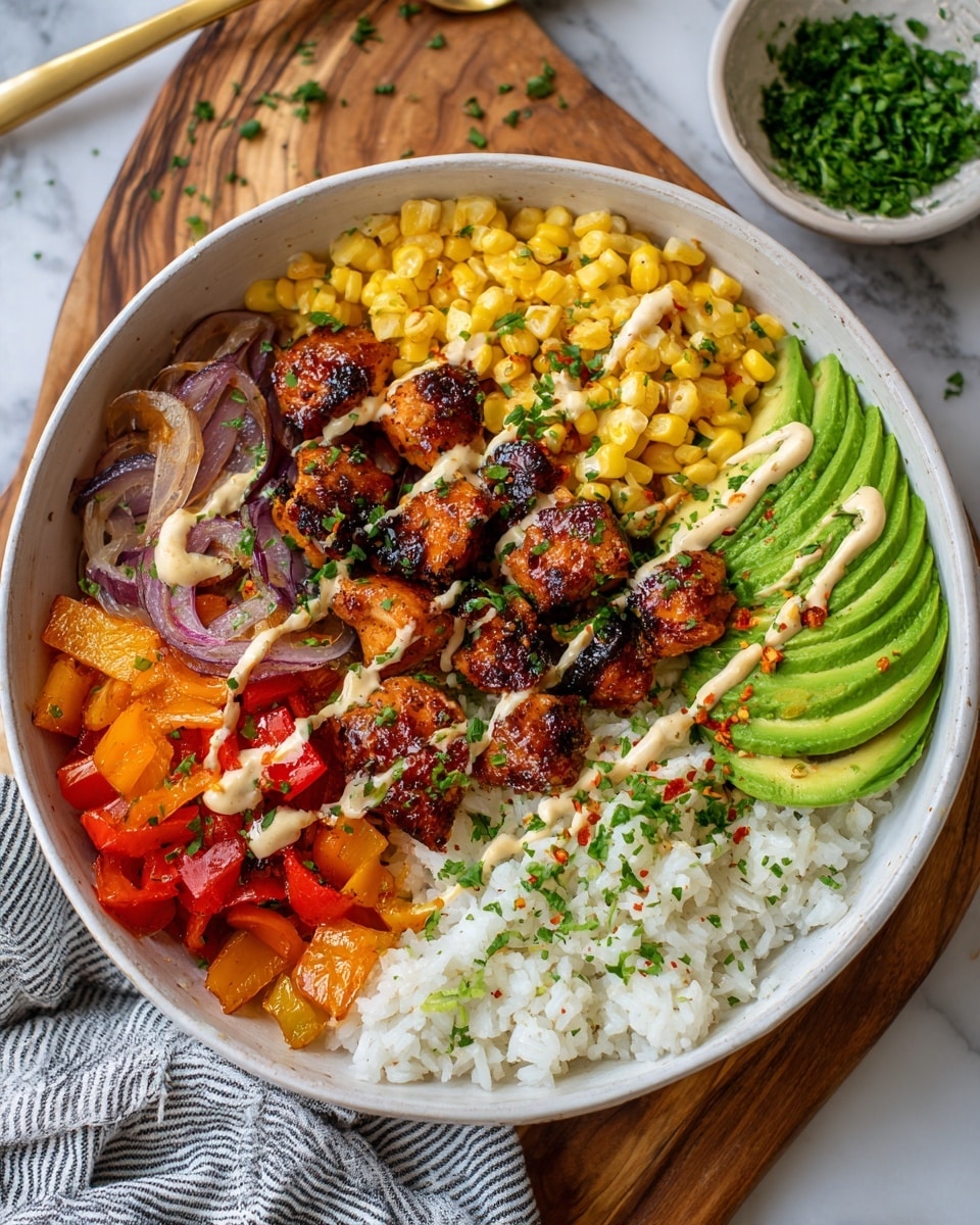 The dish is presented in a white bowl on a white marbled surface, filled with several colorful layers. At the bottom, there is a bed of white rice with finely chopped green herbs sprinkled on top. To the right, there are slices of creamy green avocado, placed closely together. The top center features dark golden-brown grilled chicken pieces, slightly charred and glazed, with some drizzle of creamy sauce and sprinkled with red pepper flakes and fresh green herbs. To the left, there is a mix of roasted red and orange bell peppers and red onions, appearing soft and glossy. At the top left, bright yellow corn kernels add a pop of color. A gold spoon rests inside the bowl on the bottom left side. The background shows a wooden board and part of a woman's hand striped cloth under the bowl. A small bowl with chopped green herbs sits at the top right corner. Photo taken with an iphone --ar 4:5 --v 7