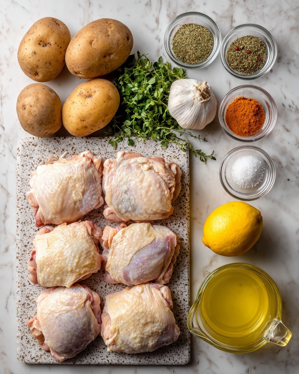 The image shows eight pieces of raw chicken thighs with skin, arranged in two rows on a speckled gray cutting board placed on a white marbled surface. To the left, there are three whole potatoes with brown skin, two whole lemons, a cluster of fresh green herbs, and a bulb of garlic. Above these ingredients, there are small clear bowls containing dried spices—one with a greenish herb mix, one with bright orange paprika, one with coarse white salt, one with crushed oregano, and one with black pepper. There are also two glass measuring cups: one filled with golden olive oil and the other with yellow chicken broth. The overall composition is neatly arranged, clean, and well-lit to highlight each ingredient’s natural color and texture. photo taken with an iphone --ar 4:5 --v 7
